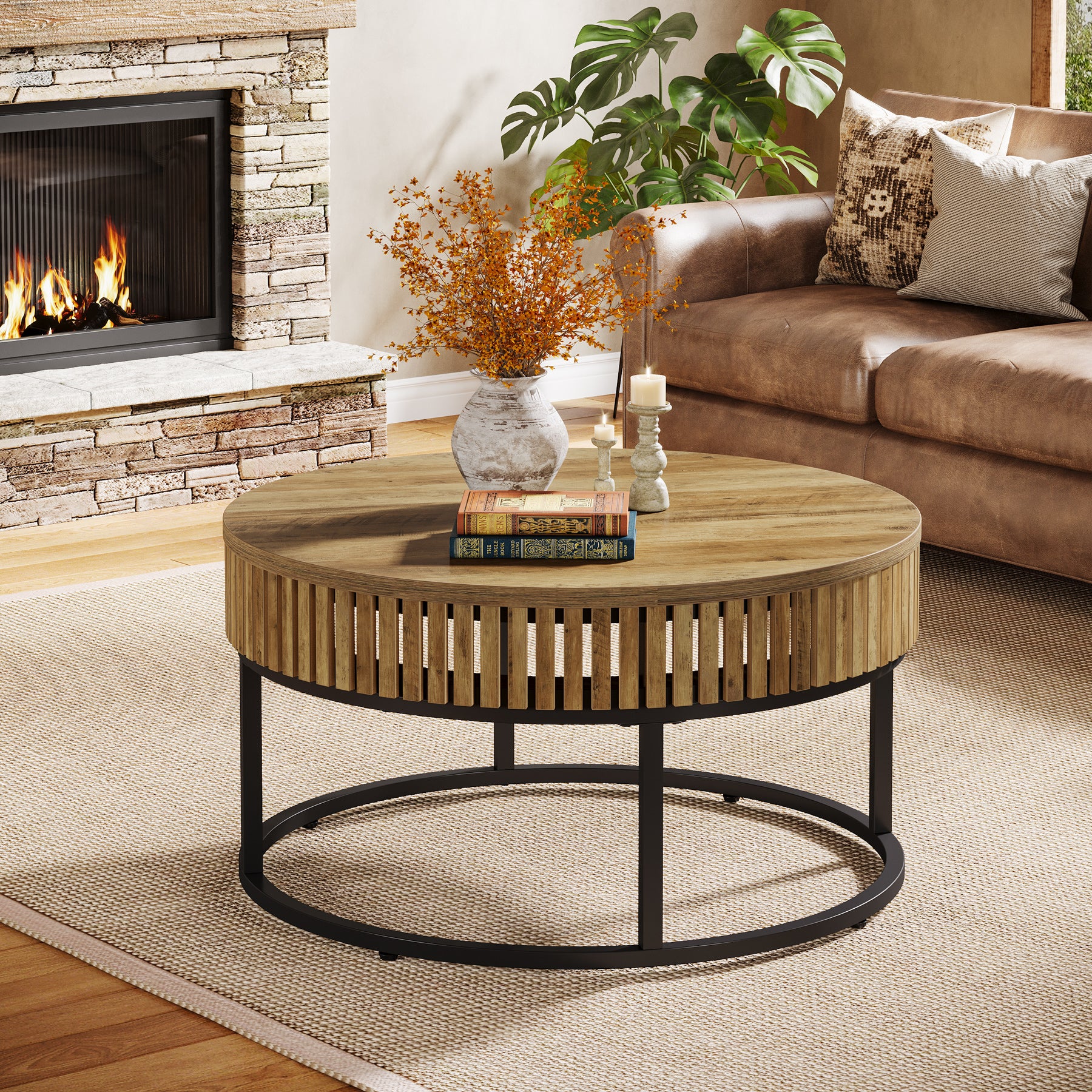 Tribesigns 31.5-Inch Round Coffee Table, Farmhouse Cocktail Table with Black Metal Legs for Living Room