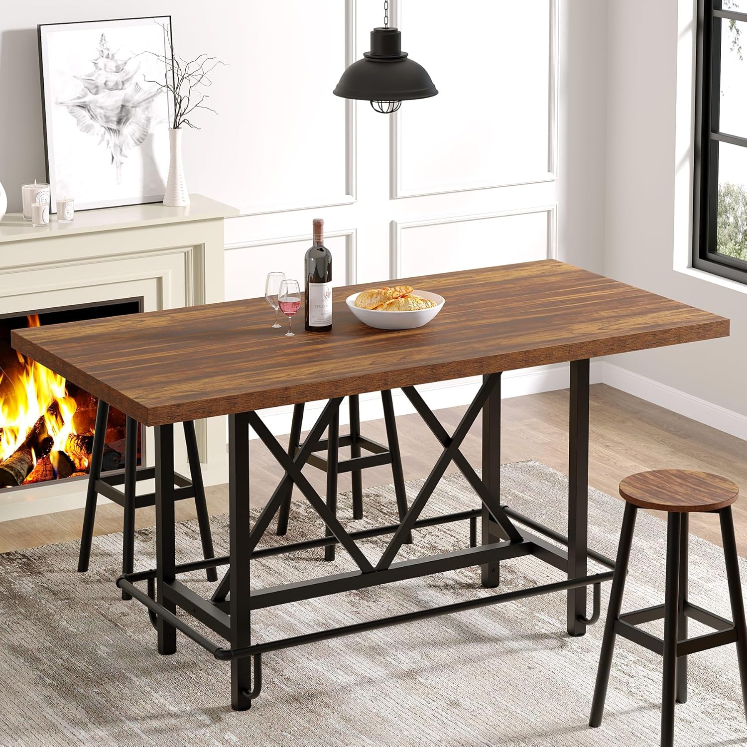 35" Counter Height Dining Table for 6 with Metal Footrest, Rectangular Rustic Brown