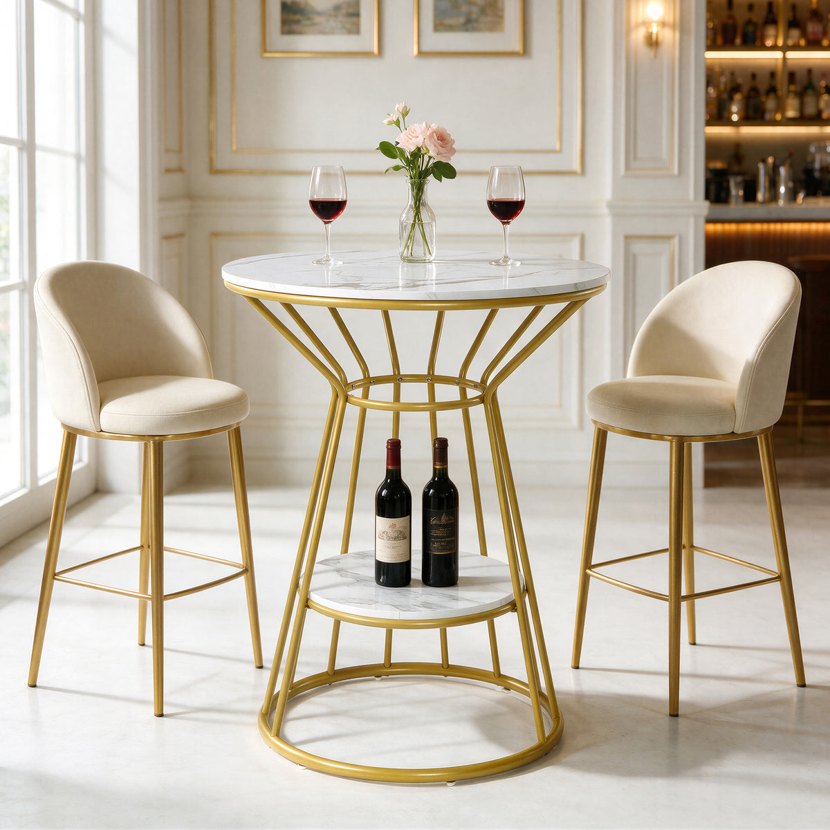 Tribesigns 31.5-Inch Round Bar Table with Shelf, Marble-Look Pub Table with Gold Metal Frame