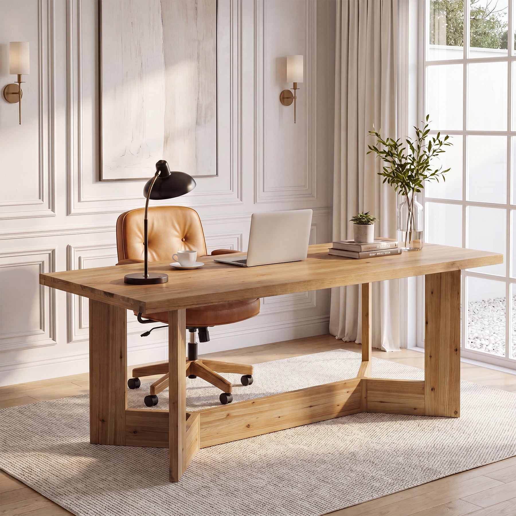 Tribesigns 63-Inch Solid Wood Computer Desk with Trestle Legs, Farmhouse Office Desk for Home Office