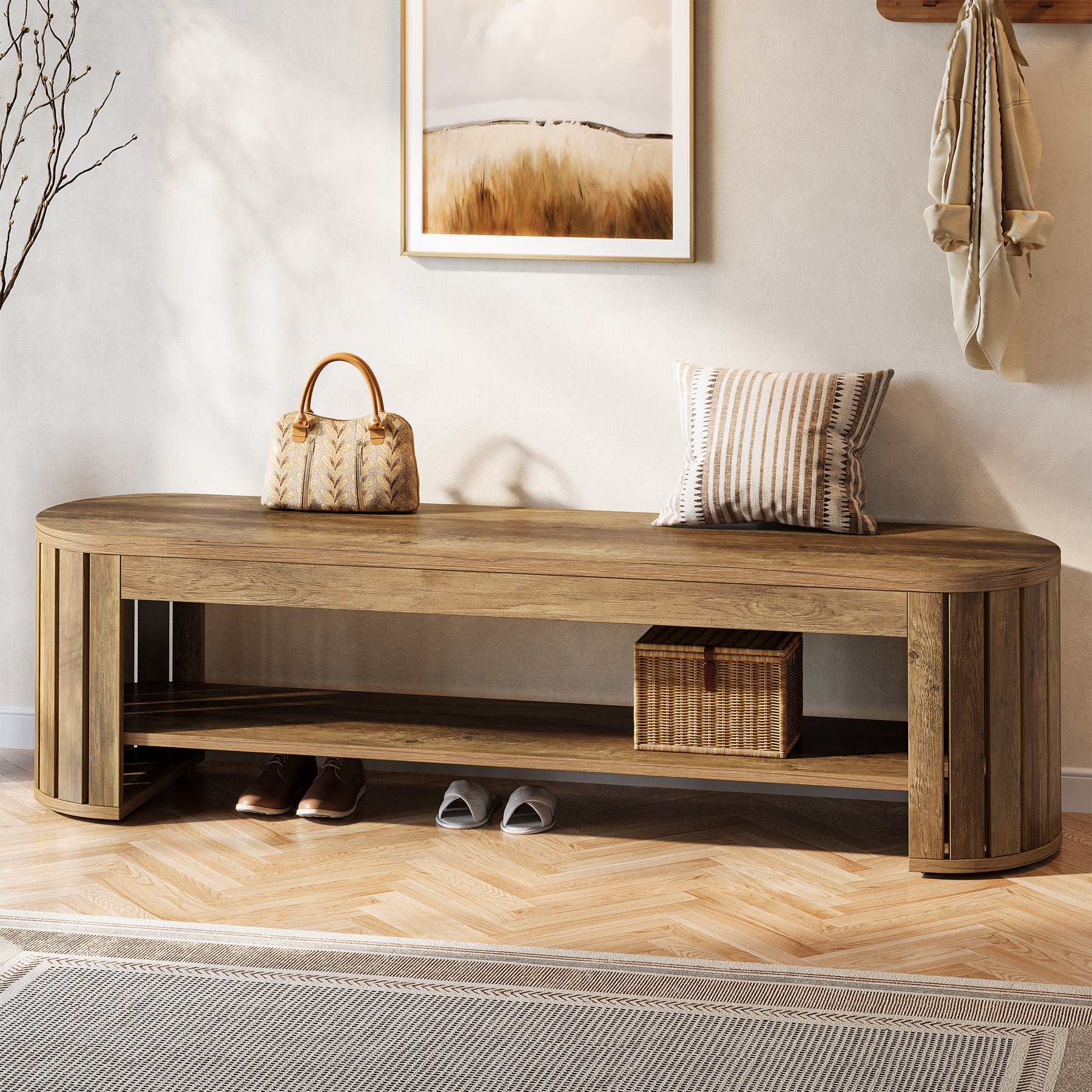 Tribesigns 63-Inch Wooden Shoe Bench with 2-Tier Storage, Narrow Entryway Bench for Entrance and Hallway