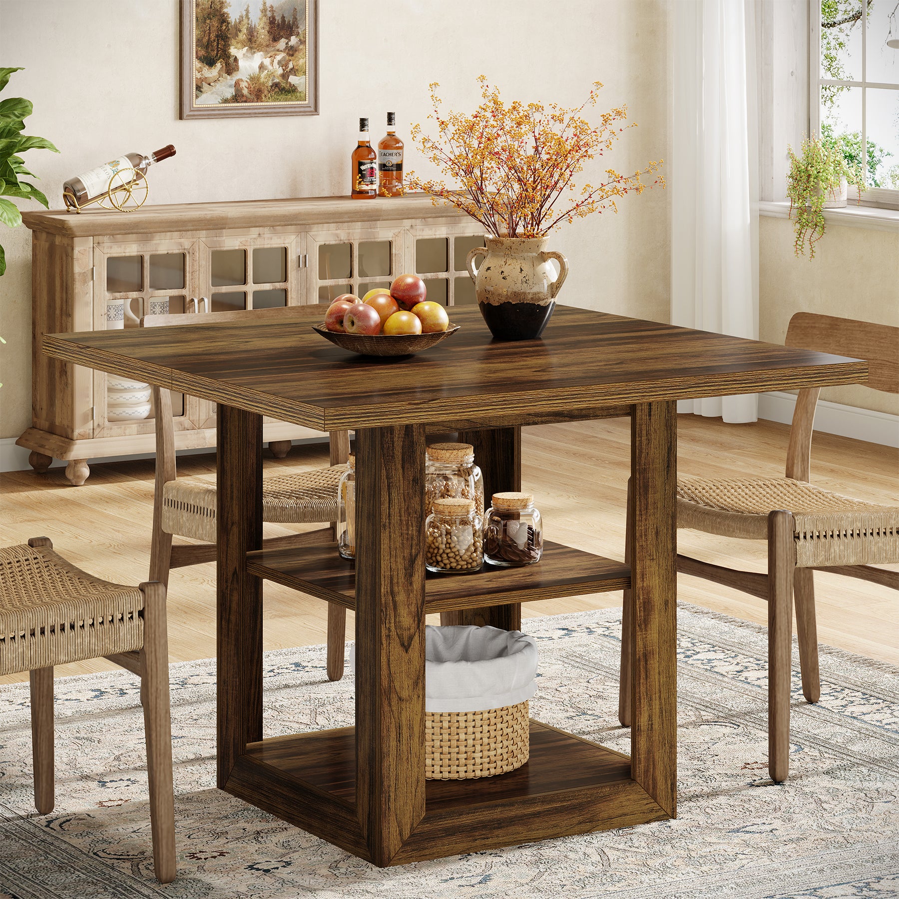 Tribesigns 31.5 Inch Square Dining Table for 4, Farmhouse Kitchen Table with Storage Shelf
