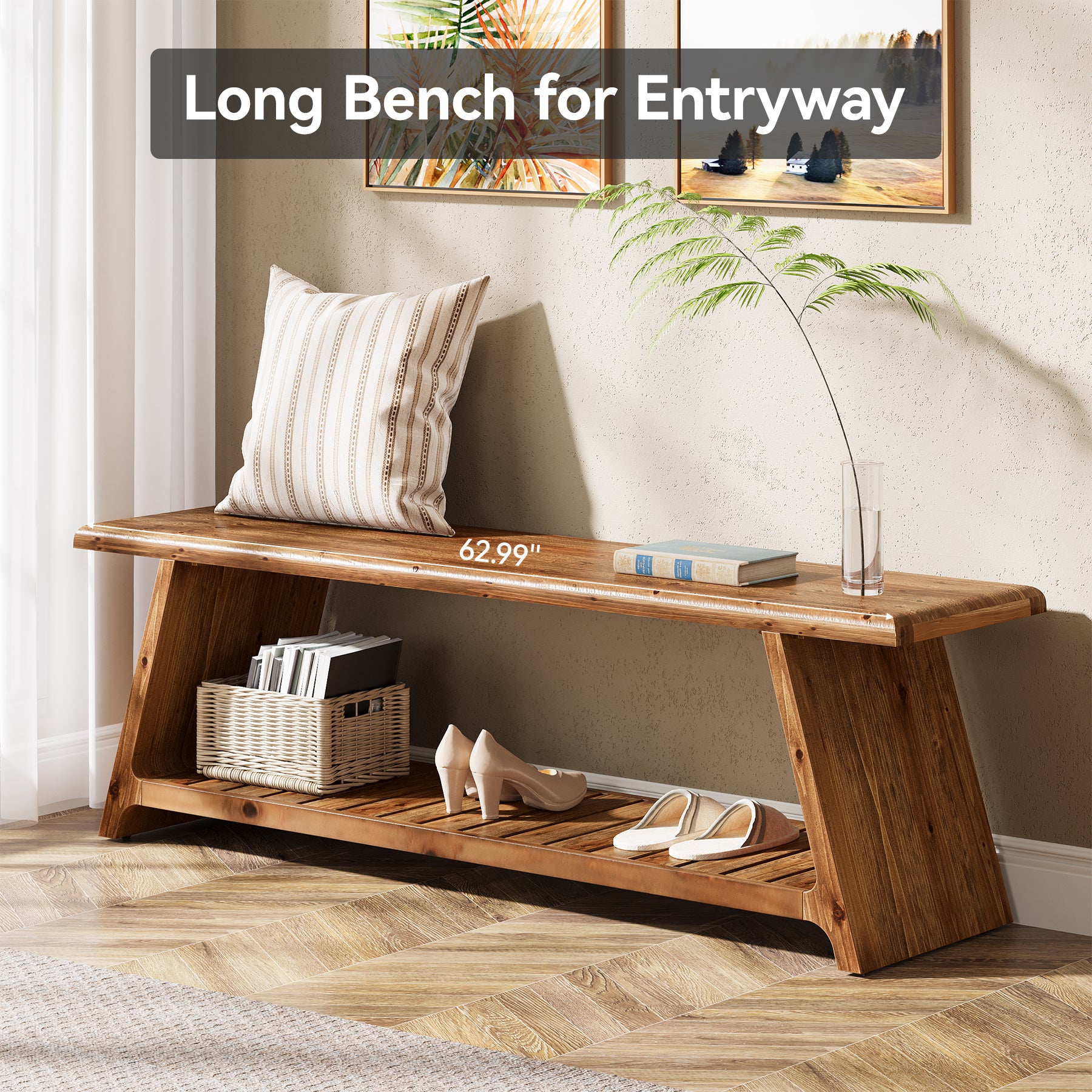 Tribesigns 63-Inch Solid Wood Entryway Bench with Lower Shoe Storage Shelf, Farmhouse End of Bed Bench for Hallway