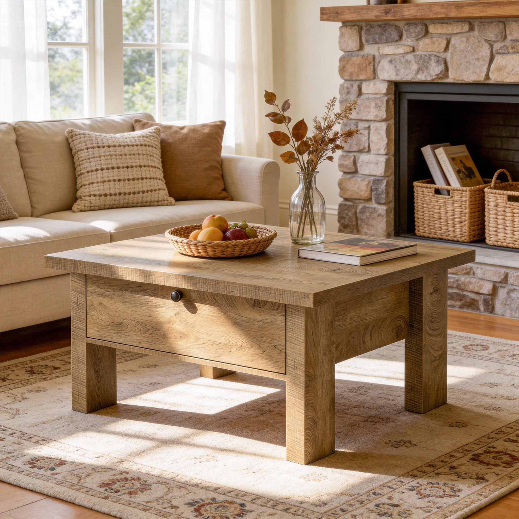 31.5" Square Coffee Table with Storage for Small Spaces, Modern Brown Living Room Center Table