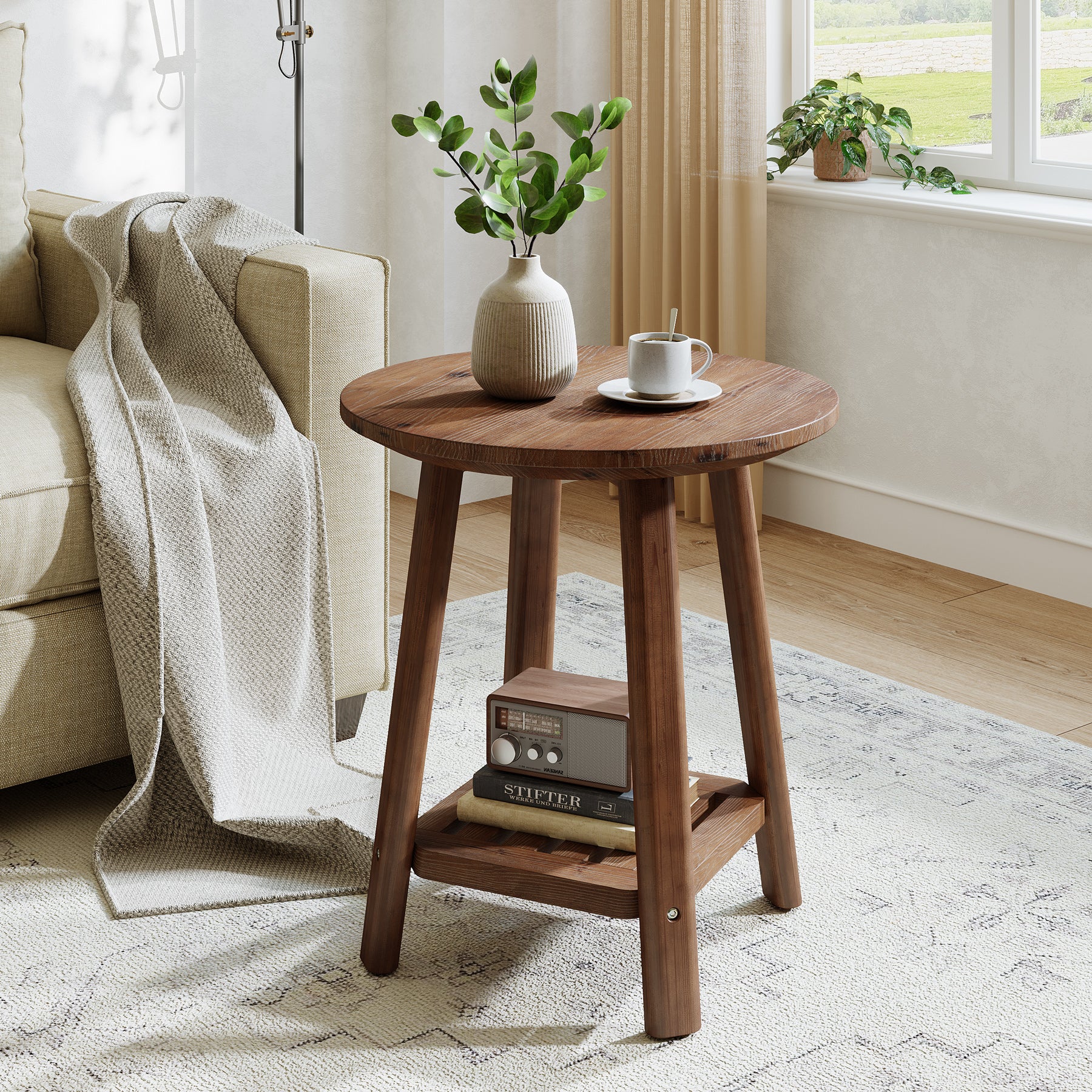 Tribesigns Round Side Table with 2-Tier Storage Shelf, Solid Wood End Table for Small Spaces