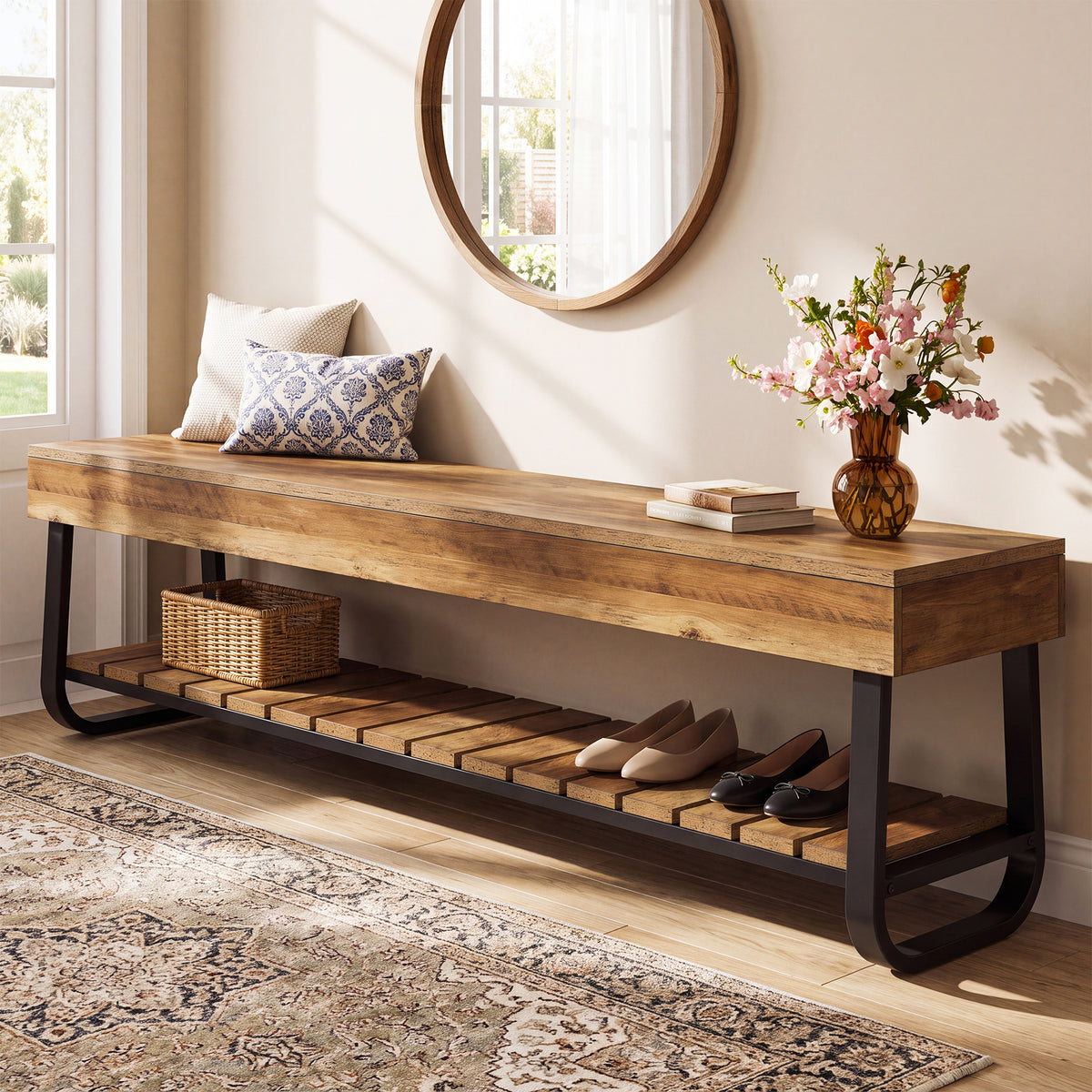 Tribesigns 63" Long Entryway Bench with Slatted Shoe Storage, Industrial Hallway Bench for 2-3