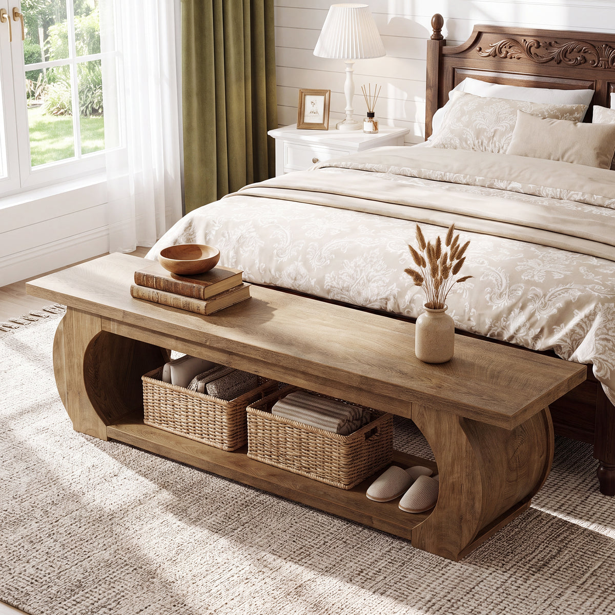 63 Inch Storage Bench with Open Shelf and Curved Wood Frame, Farmhouse End of Bed Bench for Bedroom