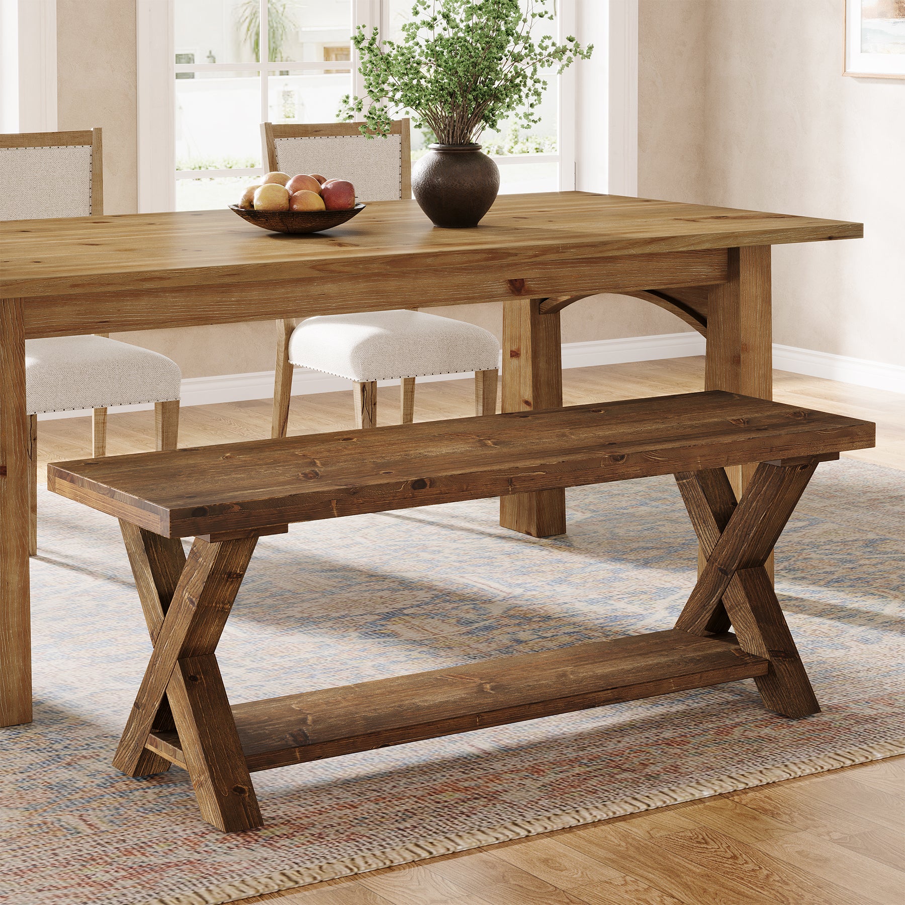 Tribesigns 43.3-Inch Solid Wood Dining Bench with X-Shaped Legs and Storage Shelf, Farmhouse Kitchen Table Bench for Dining Room