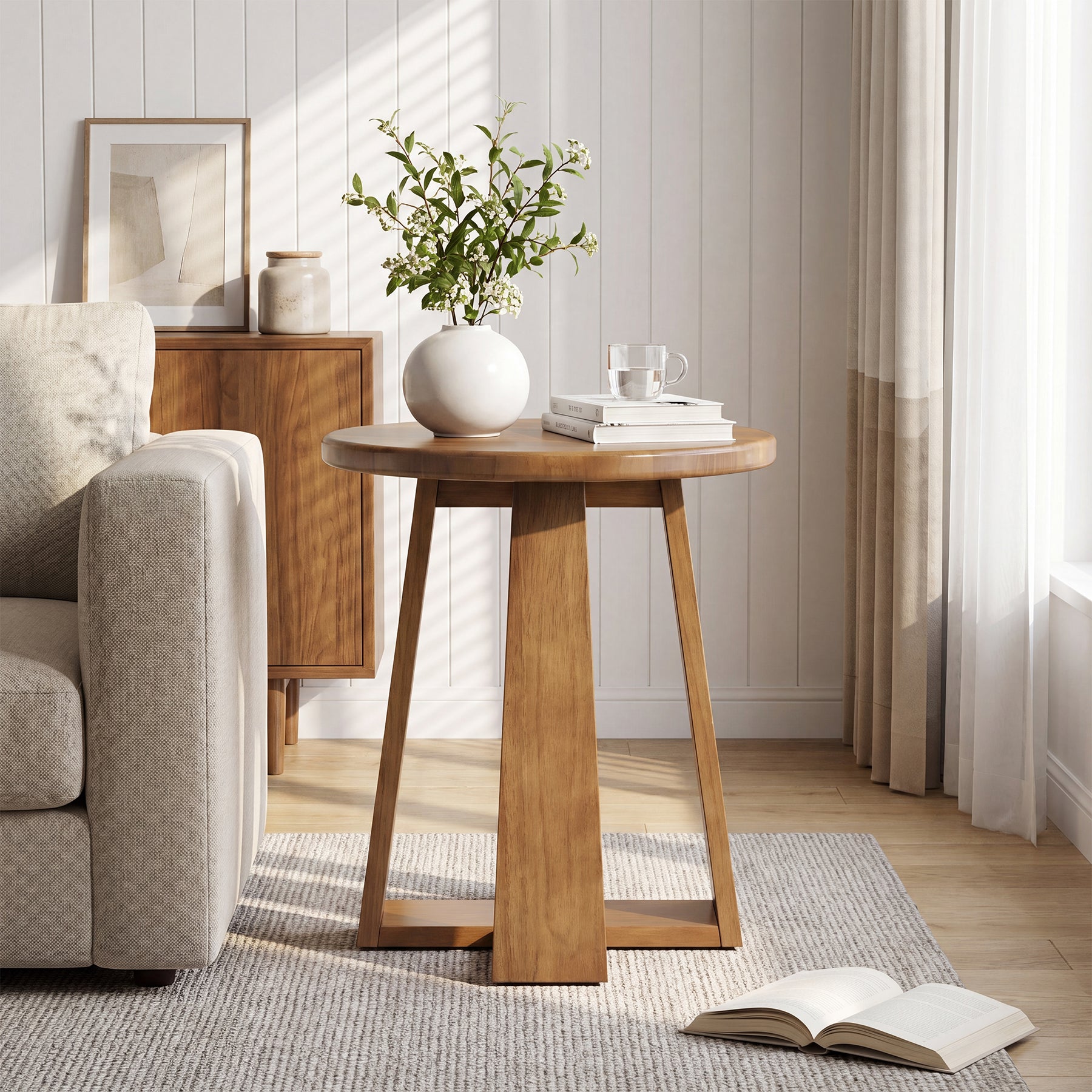 19.69 Inch Solid Wood Round End Table with Geometric Legs, Side Table for Living Room