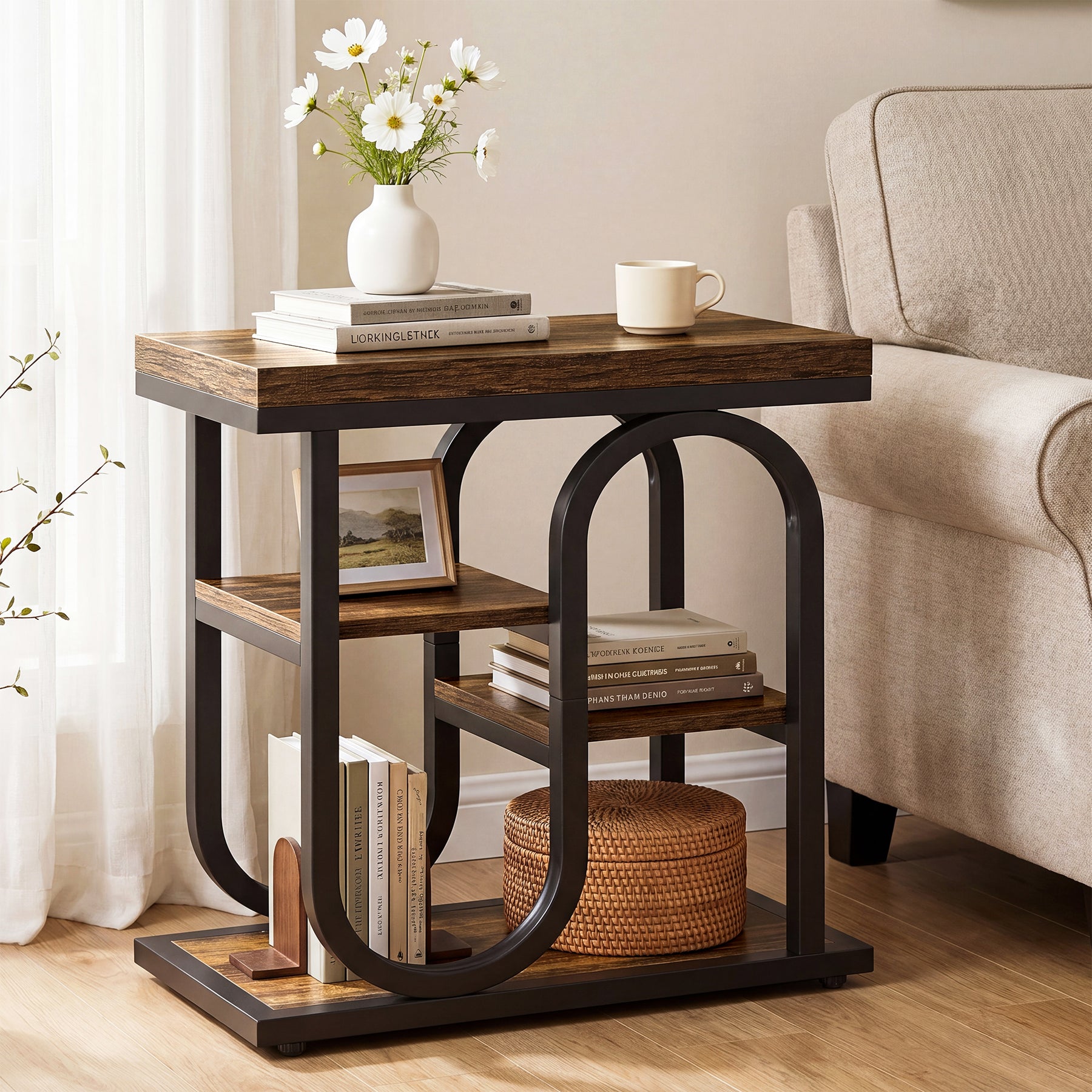 Tribesigns 23.62-Inch Narrow End Table with 4-Tier Storage, S-Shaped Side Table for Living Room