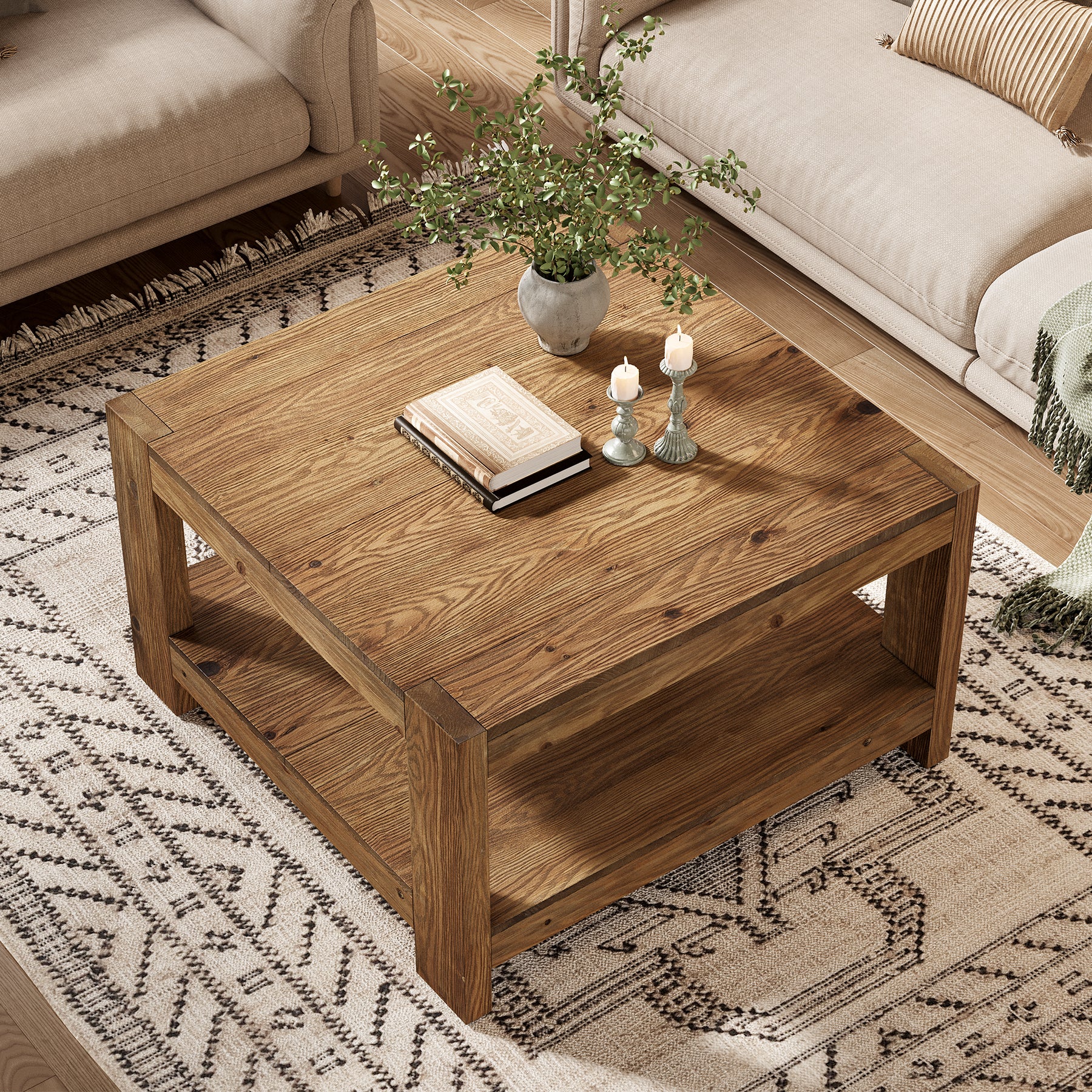 Tribesigns 31.5-Inch Square Farmhouse Coffee Table with Storage Shelf, Solid Wood Center Table for Living Room