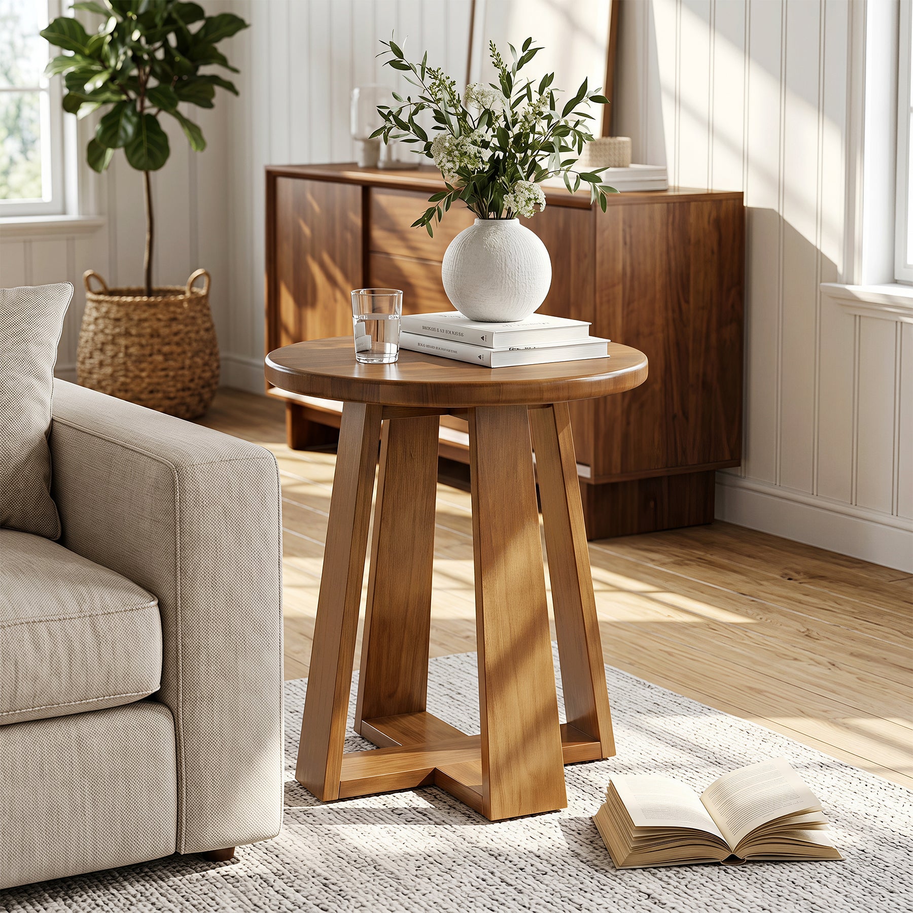 19.69 Inch Solid Wood Round End Table with Geometric Legs, Side Table for Living Room