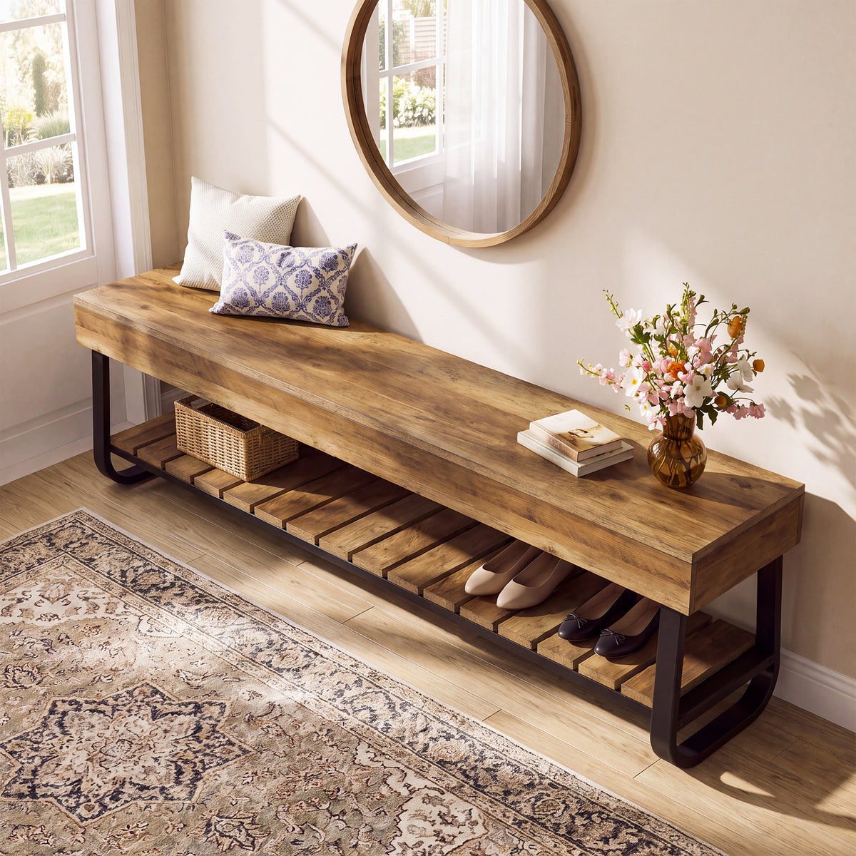 Tribesigns 63" Long Entryway Bench with Slatted Shoe Storage, Industrial Hallway Bench for 2-3