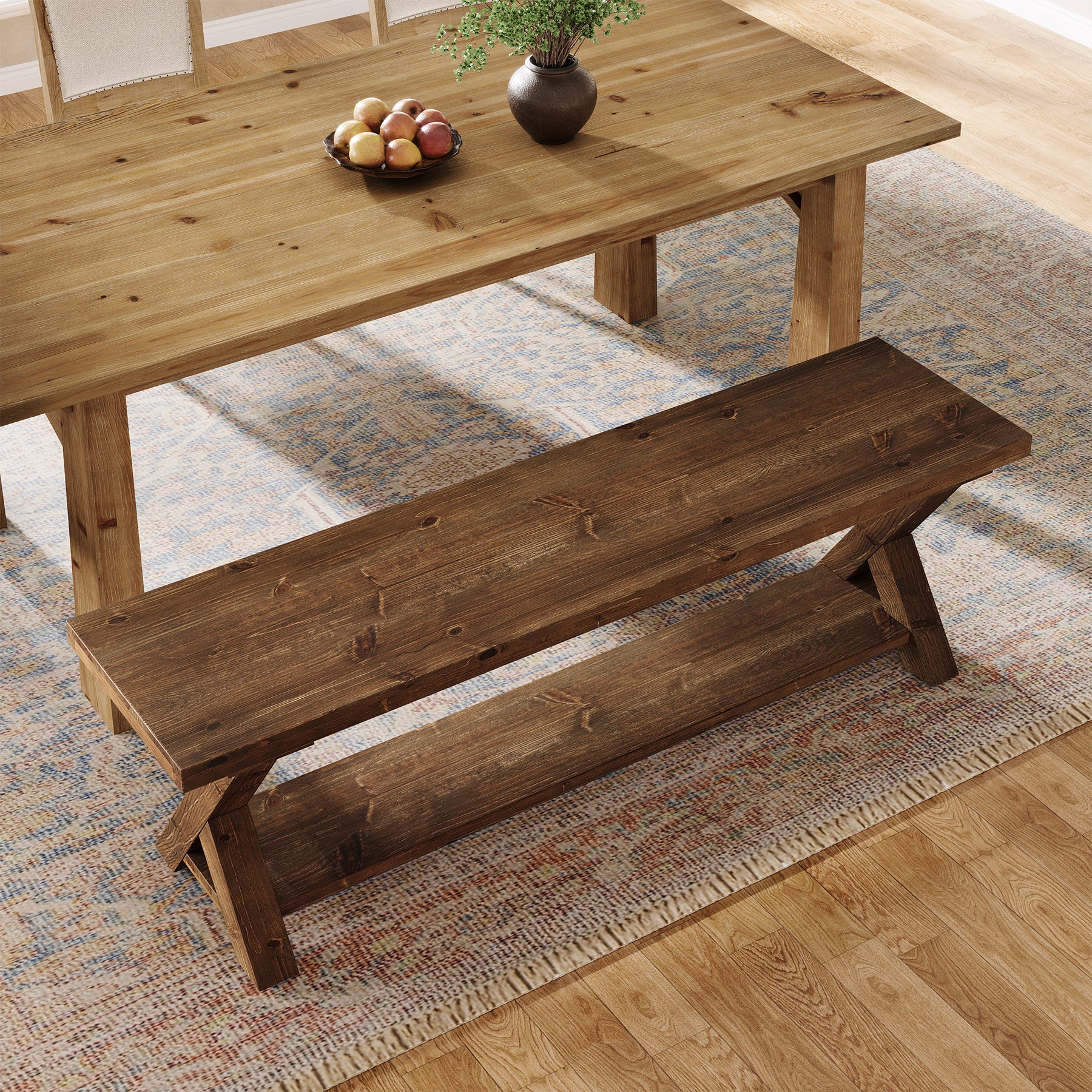 Tribesigns 43.3-Inch Solid Wood Dining Bench with X-Shaped Legs and Storage Shelf, Farmhouse Kitchen Table Bench for Dining Room