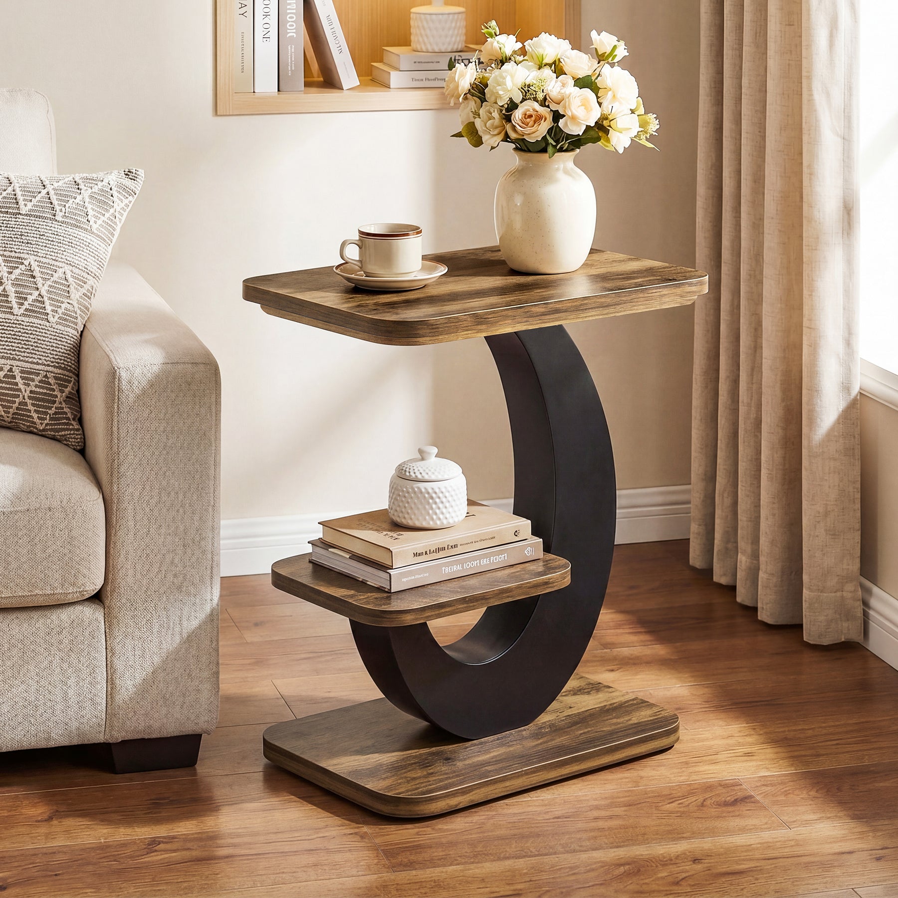 23.6-Inch 2-Tier Narrow End Table with Storage Shelf, Industrial Side Table Nightstand for Living Room