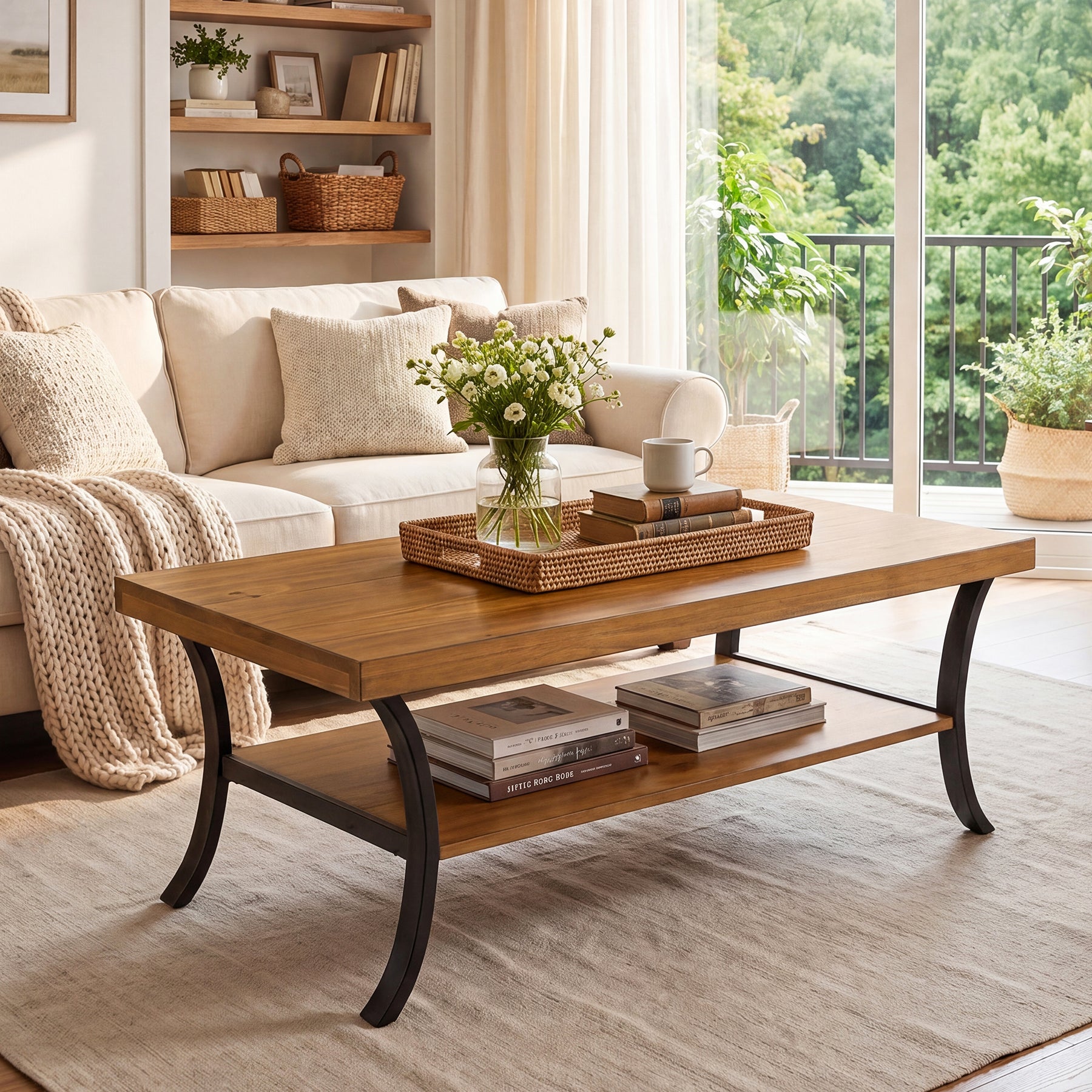 47 Inch Solid Wood Coffee Table, 2-Tier Farmhouse Center Table with Storage Shelf and Curved Metal Legs