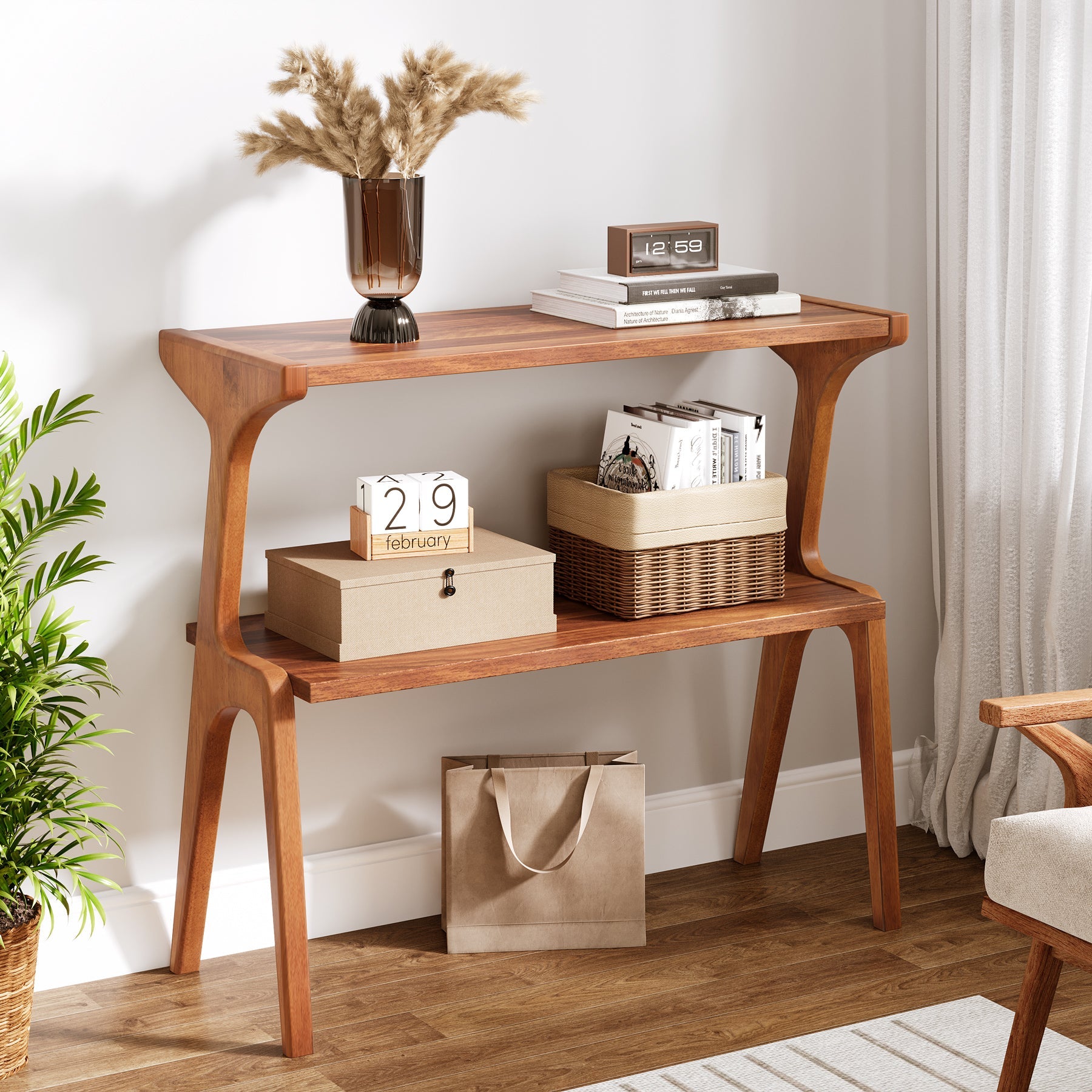 2-Tier End Table, Slim Sofa Side Table with Storage Shelf