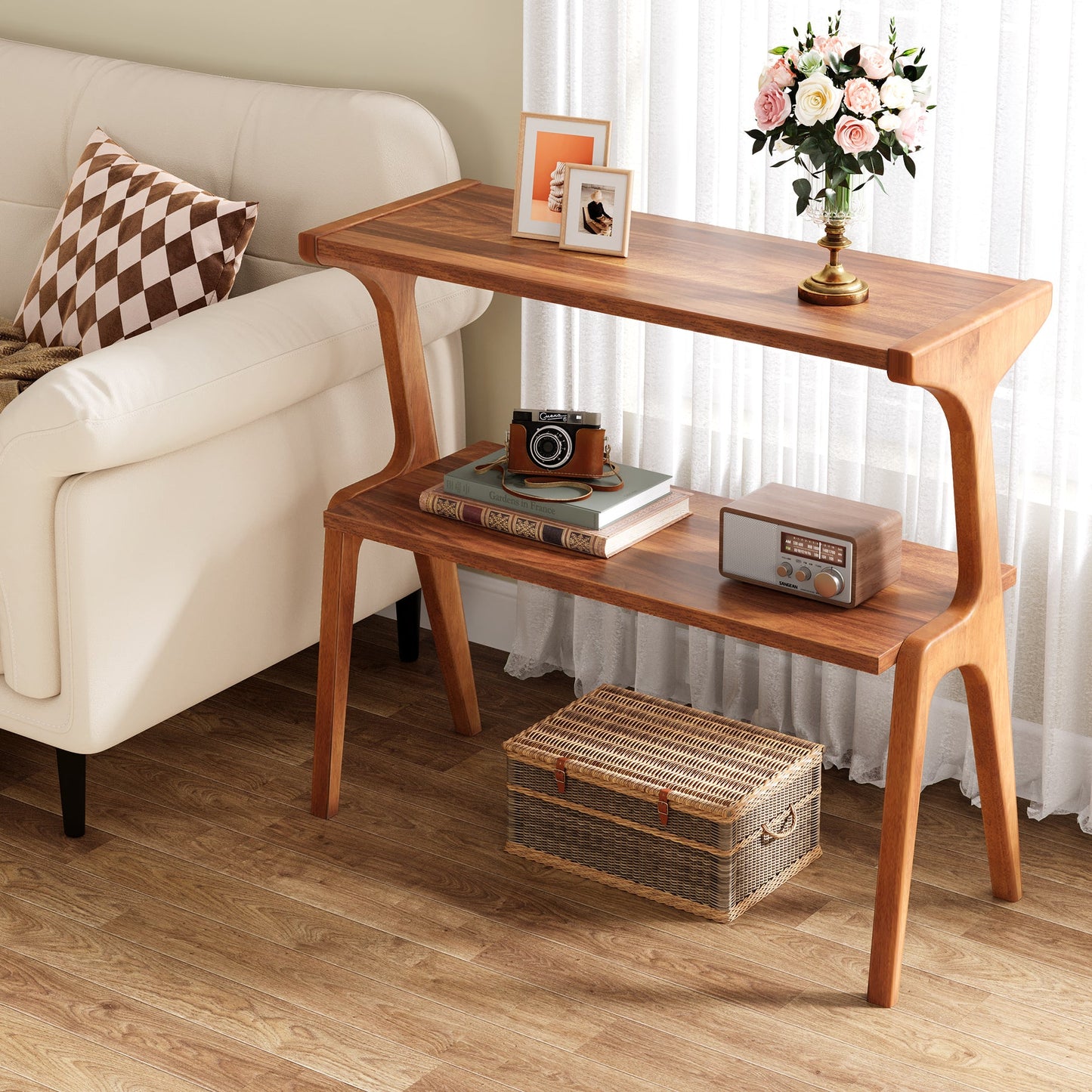 2-Tier End Table, Slim Sofa Side Table with Storage Shelf