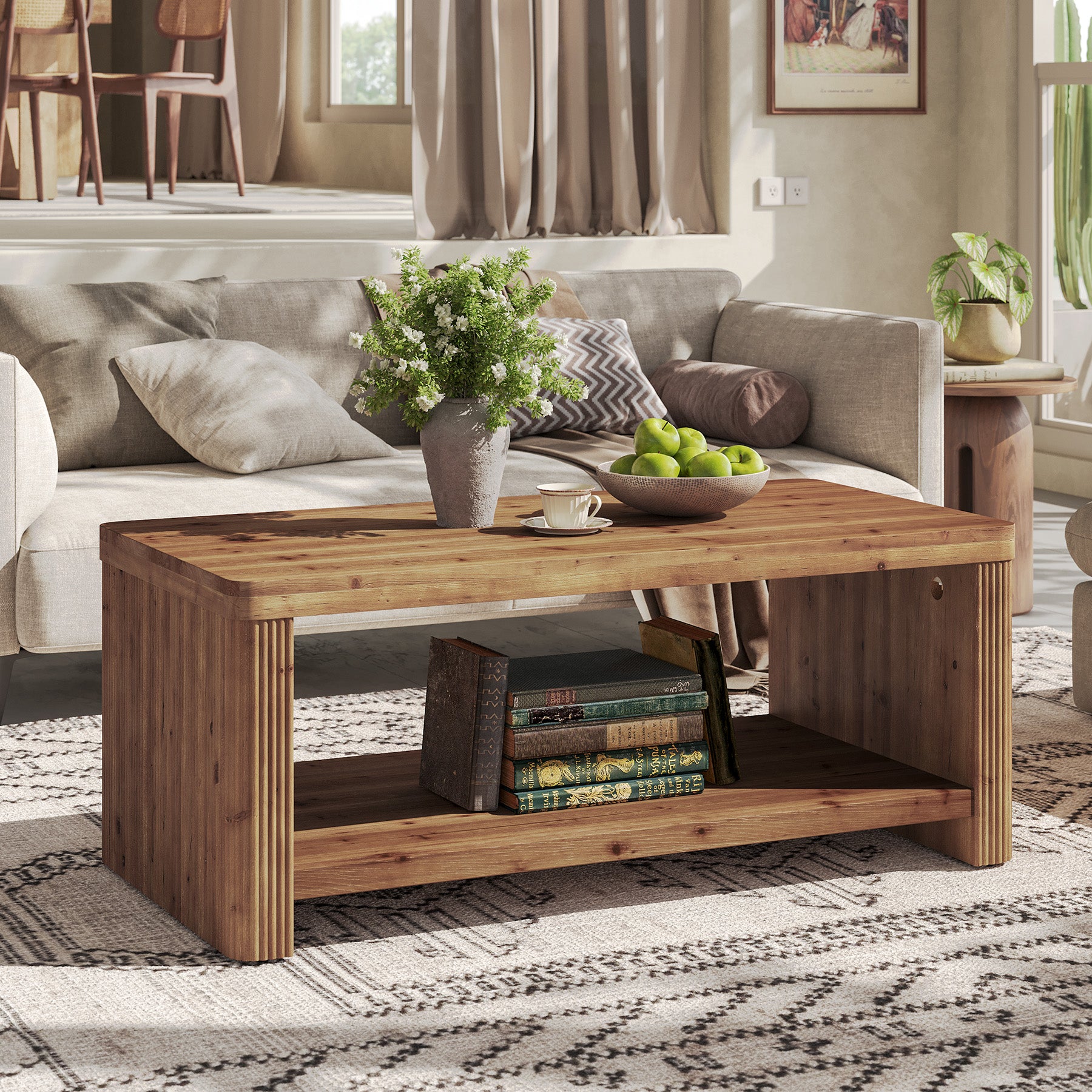 47.24" Solid Wood Coffee Table in Rustic Brown, Modern Fluted Low Rectangle Center Table with 2-Tier Storage
