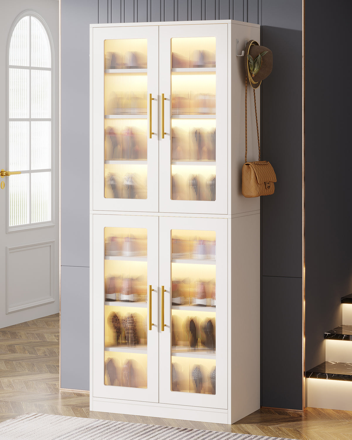 8-Tier Shoe Storage Cabinet with LED Lights and Acrylic Doors, Tall Entryway Shoe Organizer for Closet