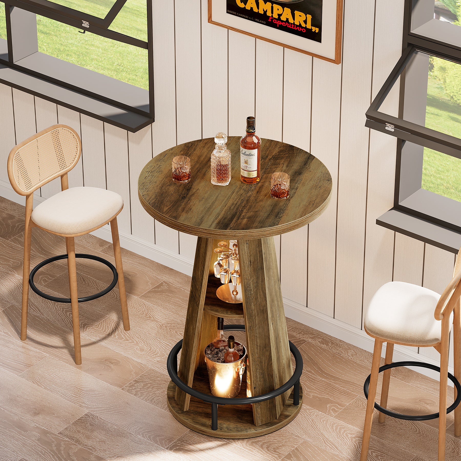 39.4-Inch Round Bar Table, High Top Industrial Bistro Table with Storage and Metal Footrest