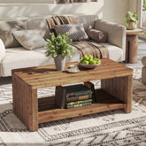 47.24" Solid Wood Coffee Table in Rustic Brown, Modern Fluted Low Rectangle Center Table with 2-Tier Storage 3