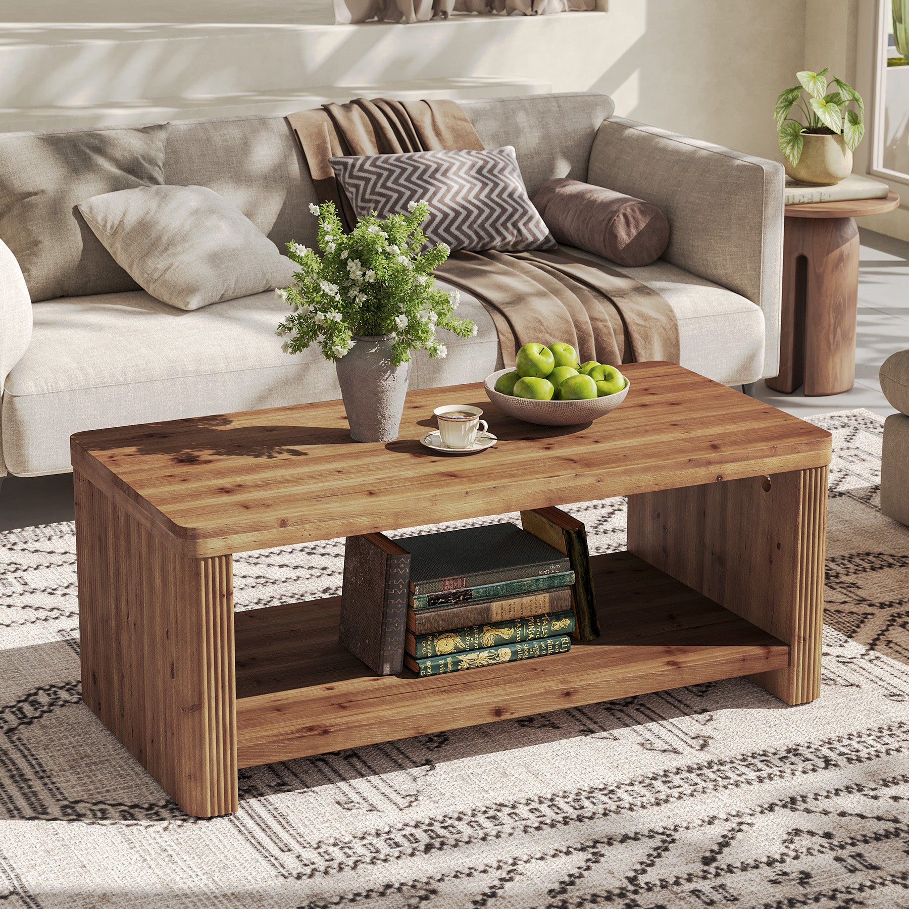 47.24" Solid Wood Coffee Table in Rustic Brown, Modern Fluted Low Rectangle Center Table with 2-Tier Storage