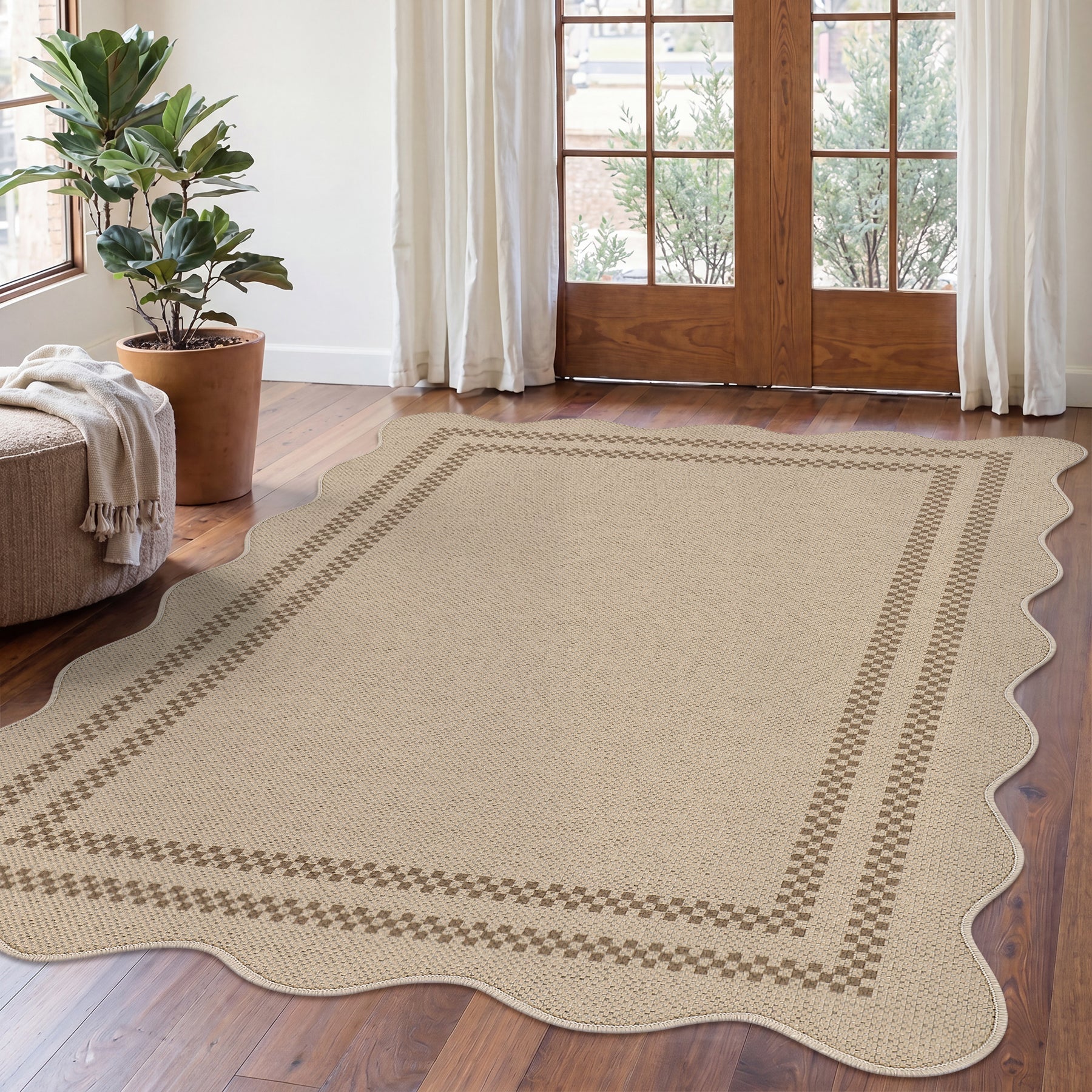 Tribesigns Indoor and Outdoor Rug, Weather-Resistant, Jute-Look, Scalloped Border and Farmhouse-Style Pattern, Washable and Non-Slip