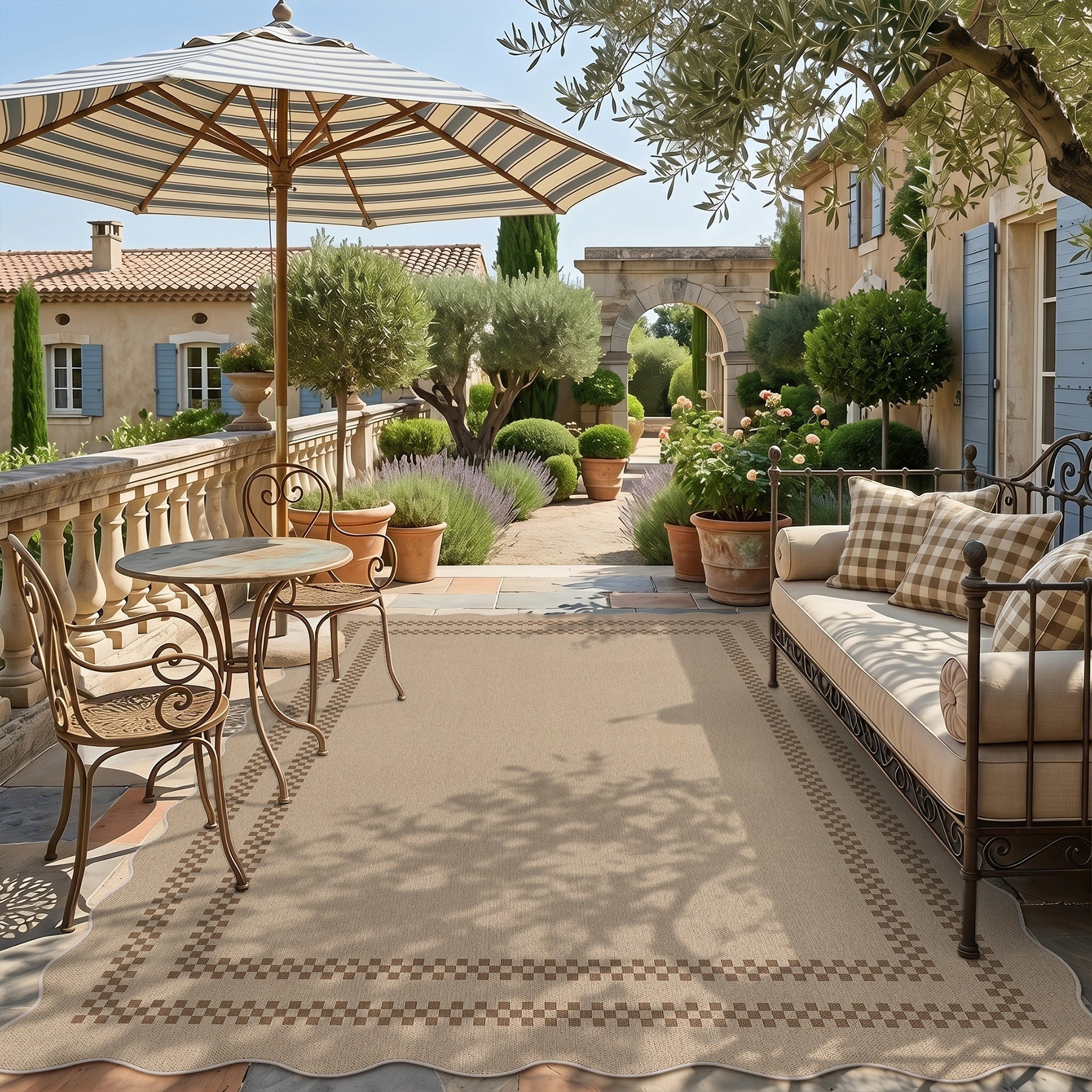 Tribesigns Indoor and Outdoor Rug, Weather-Resistant, Jute-Look, Scalloped Border and Farmhouse-Style Pattern, Washable and Non-Slip