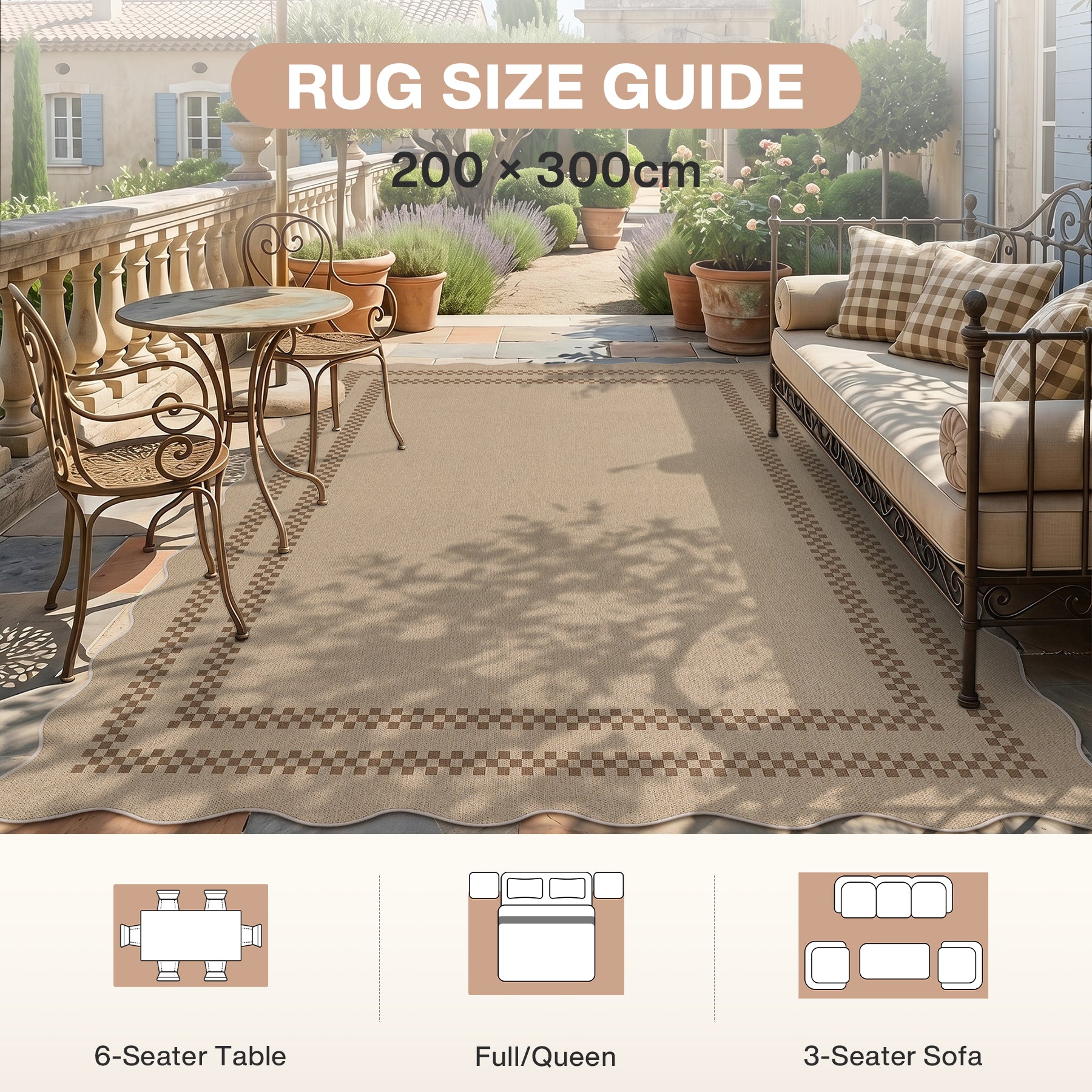 Tribesigns Indoor and Outdoor Rug, Weather-Resistant, Jute-Look, Scalloped Border and Farmhouse-Style Pattern, Washable and Non-Slip