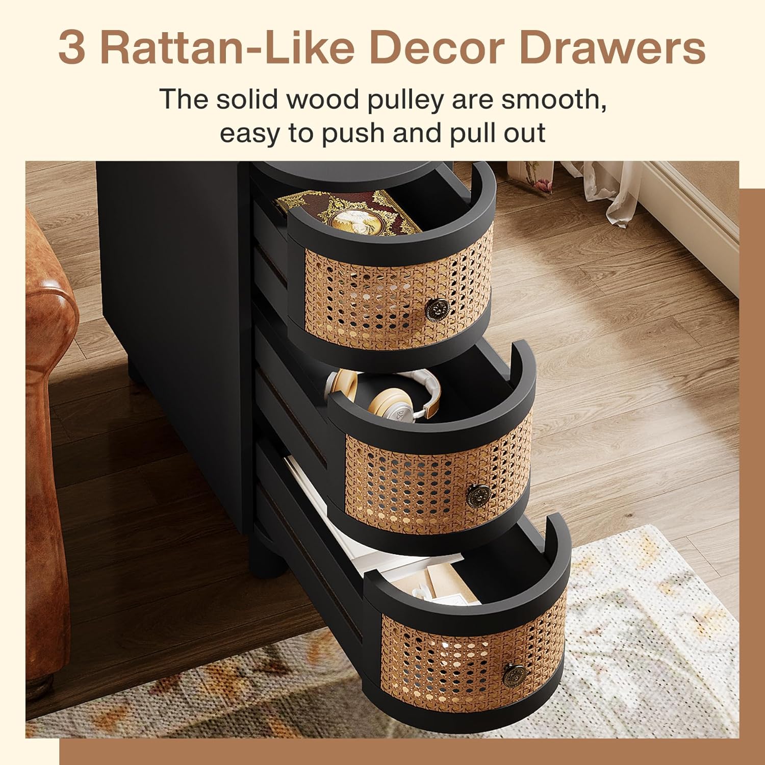 23.62" 3-Drawer Rattan End Table - Vintage Handles, No Assembly, Black & Oak