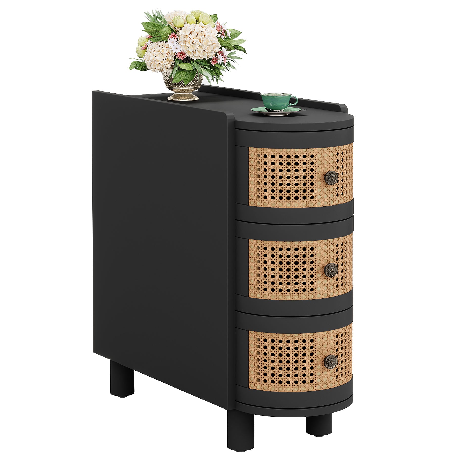 23.62" 3-Drawer Rattan End Table - Vintage Handles, No Assembly, Black & Oak