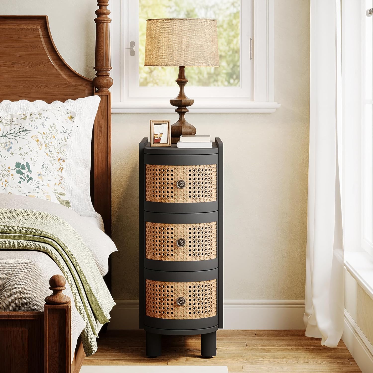 23.62" 3-Drawer Rattan End Table - Vintage Handles, No Assembly, Black & Oak