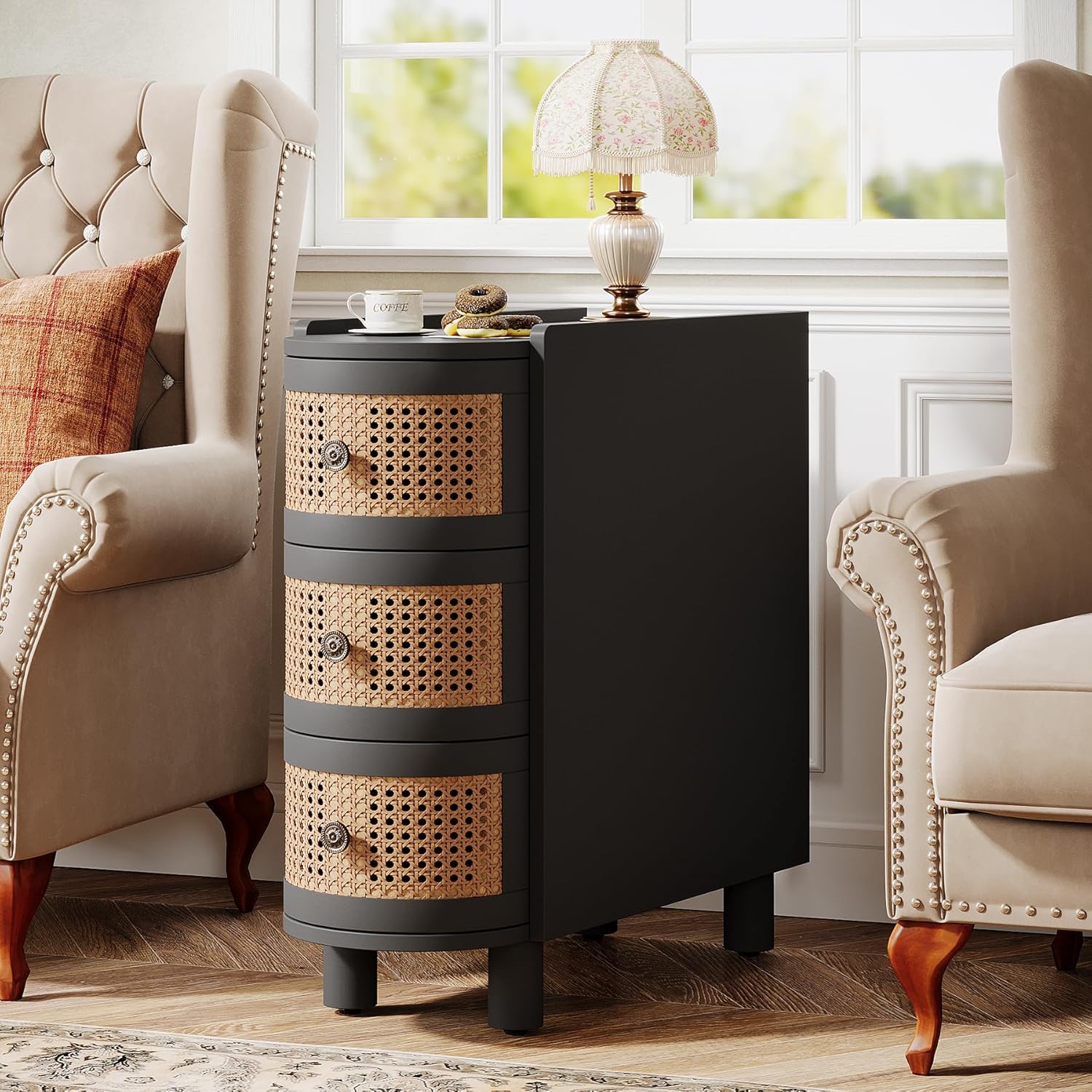 23.62" 3-Drawer Rattan End Table - Vintage Handles, No Assembly, Black & Oak