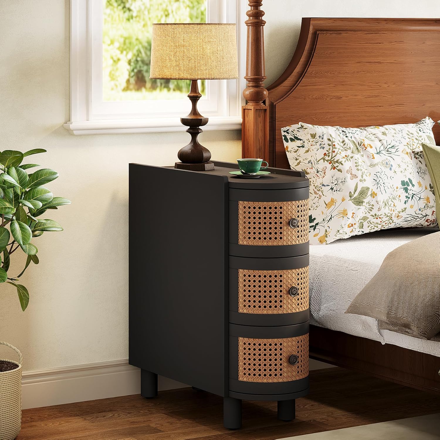 23.62" 3-Drawer Rattan End Table - Vintage Handles, No Assembly, Black & Oak
