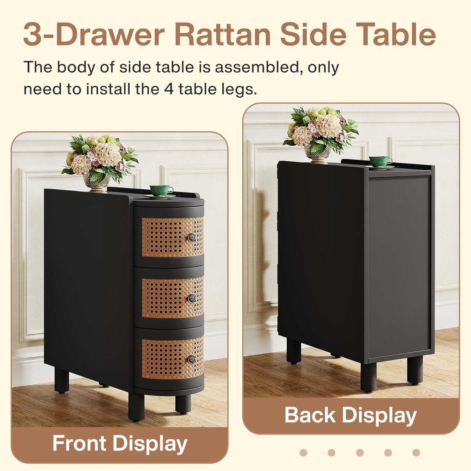 23.62" 3-Drawer Rattan End Table - Vintage Handles, No Assembly, Black & Oak