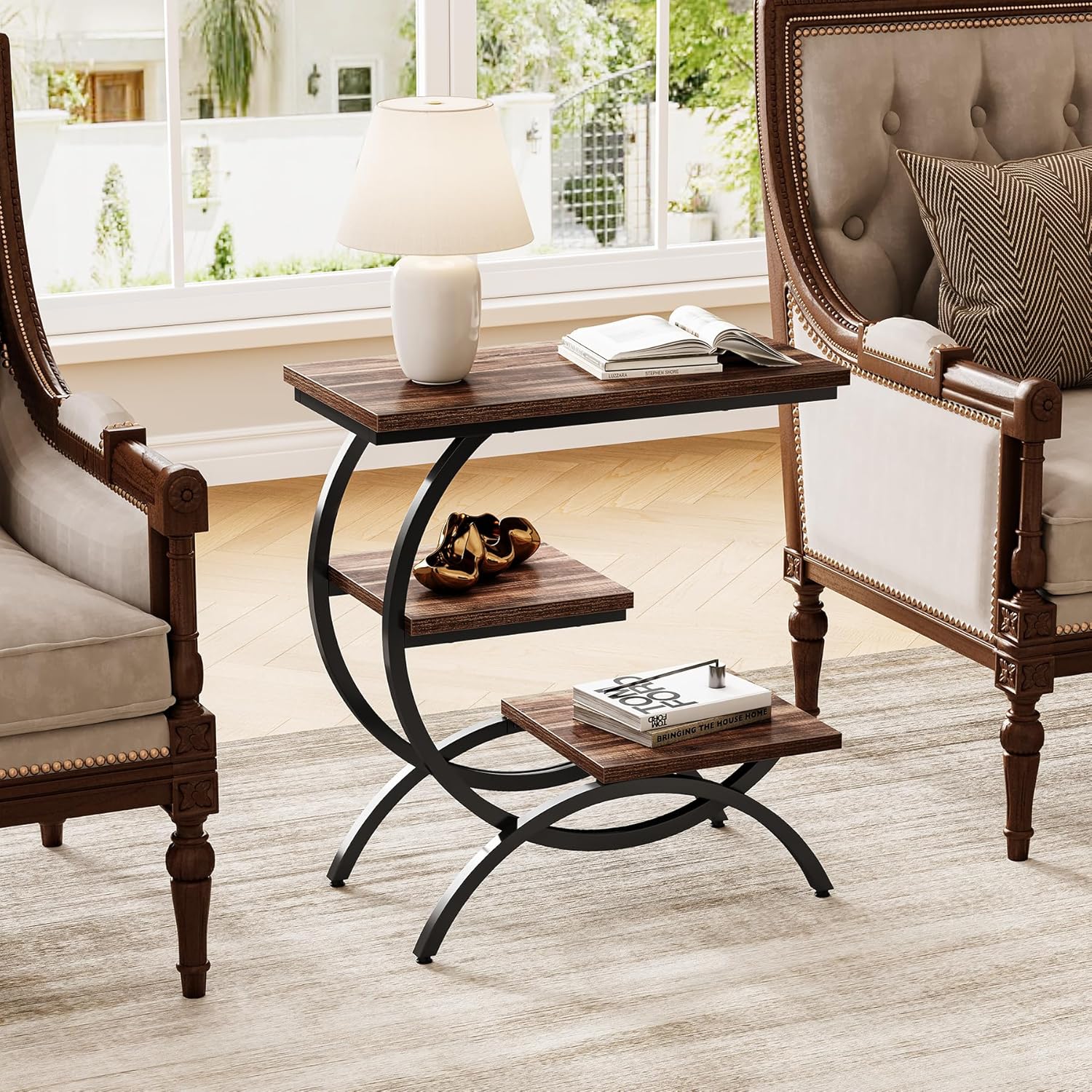 23.62" Industrial Brown Oak Side Table - Black Metal C-Frame & 3 Shelves