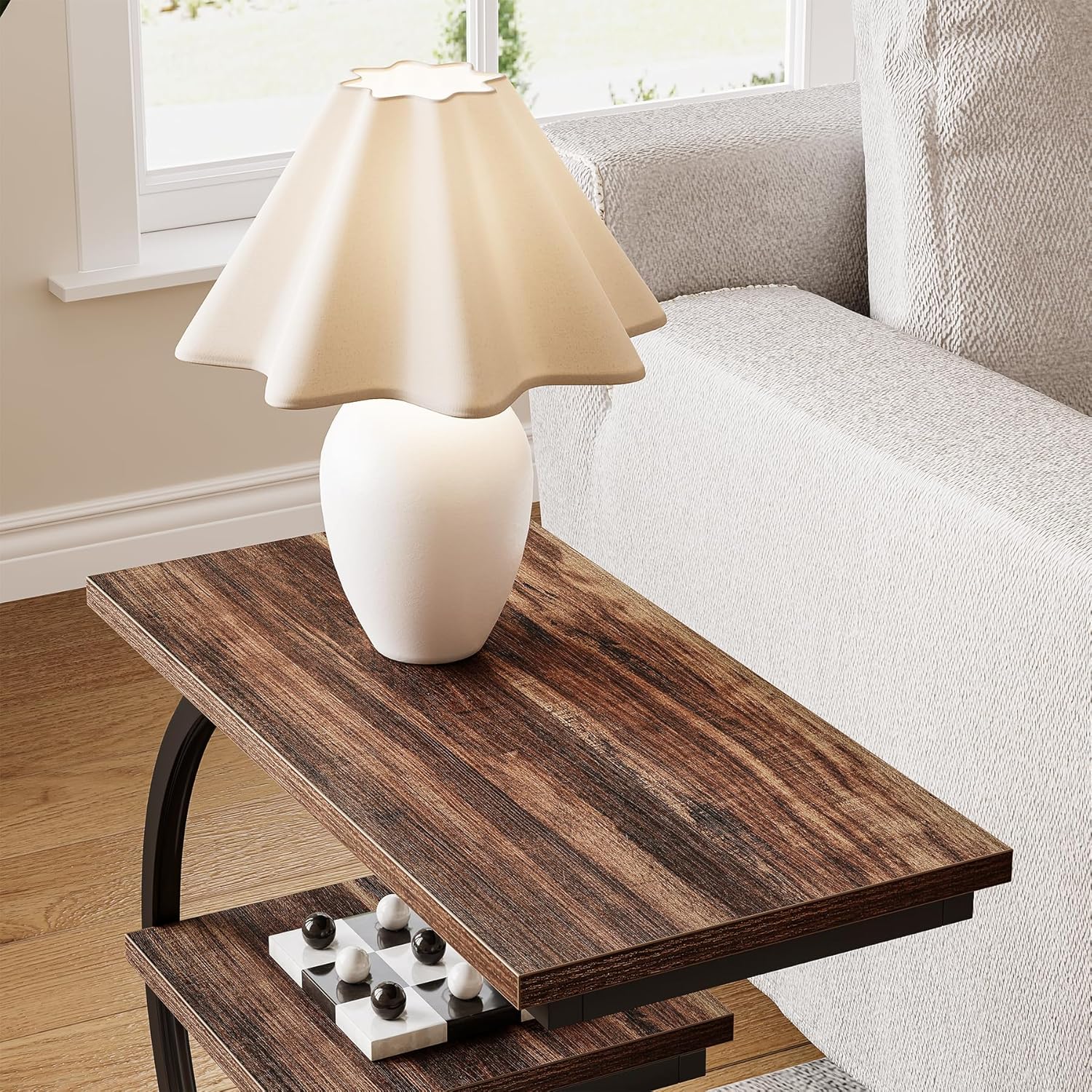 23.62" Industrial Brown Oak Side Table - Black Metal C-Frame & 3 Shelves