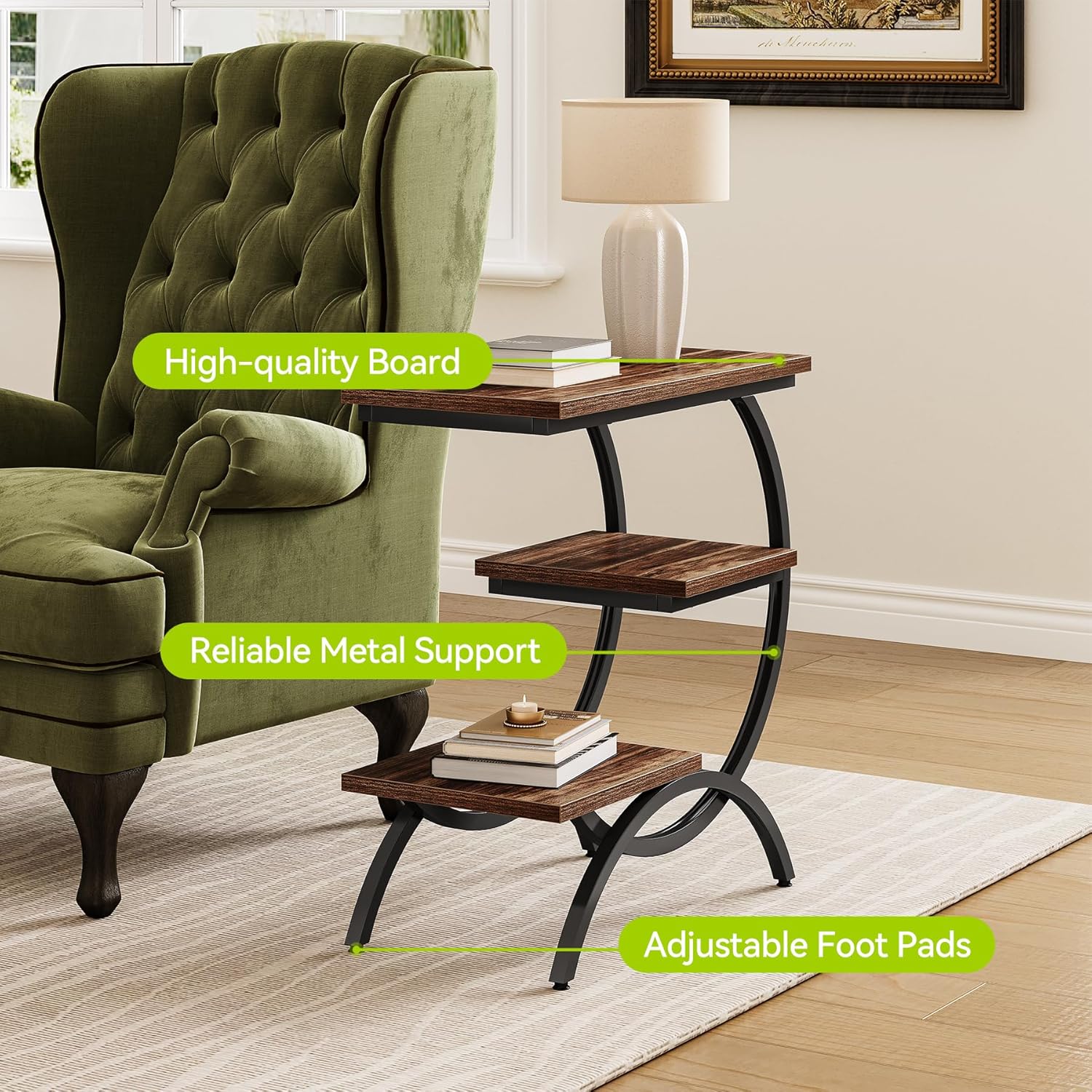 23.62" Industrial Brown Oak Side Table - Black Metal C-Frame & 3 Shelves