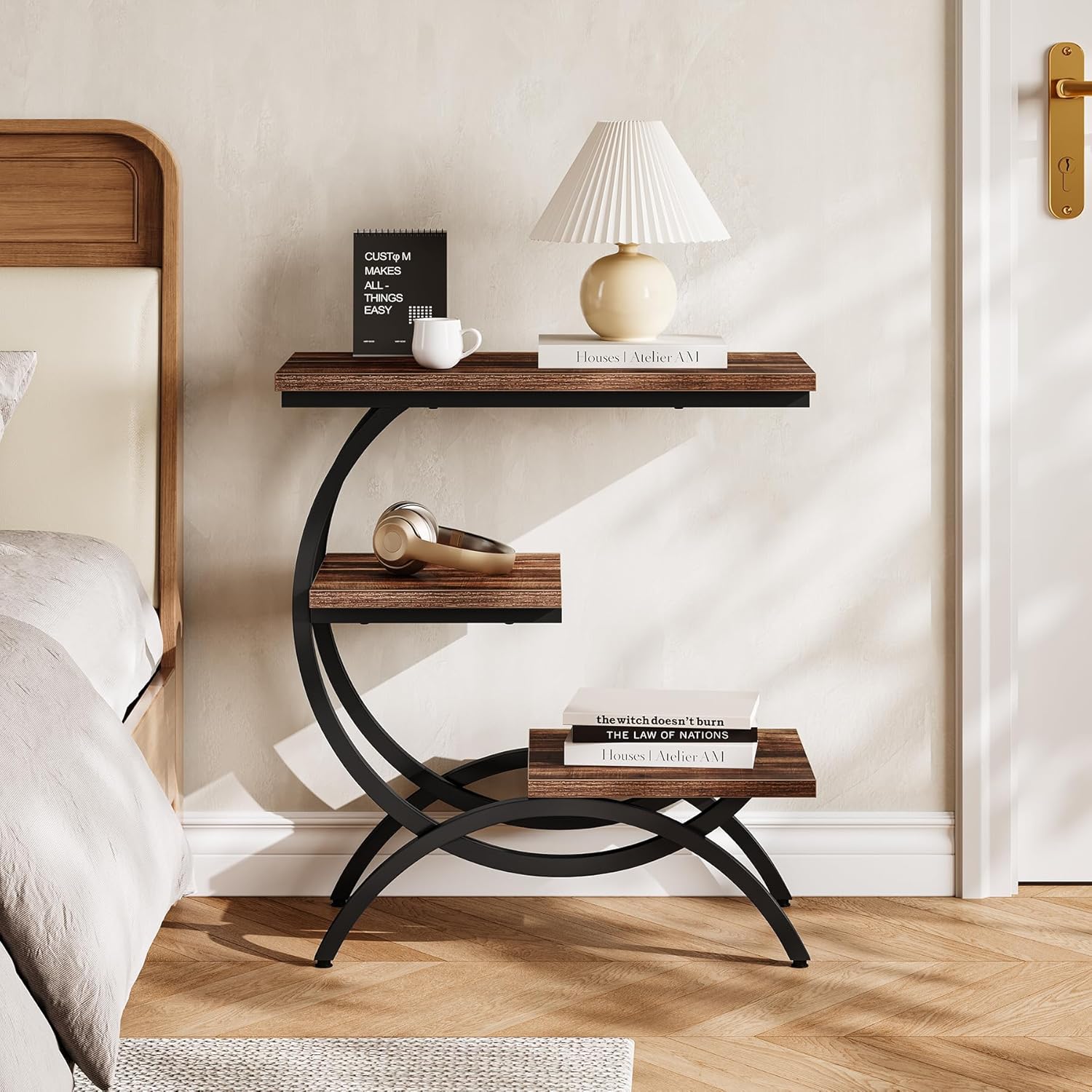 23.62" Industrial Brown Oak Side Table - Black Metal C-Frame & 3 Shelves