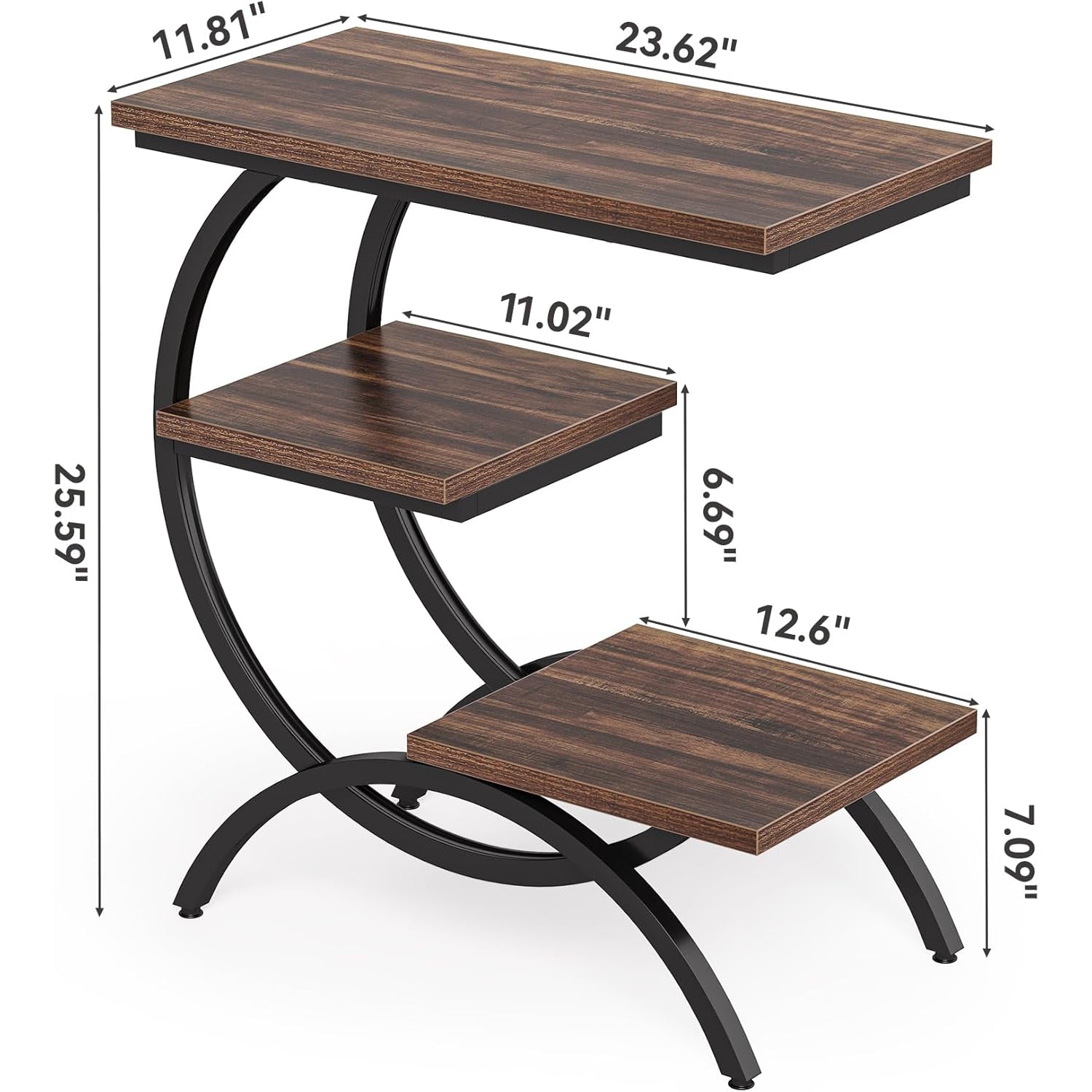 23.62" Industrial Brown Oak Side Table - Black Metal C-Frame & 3 Shelves