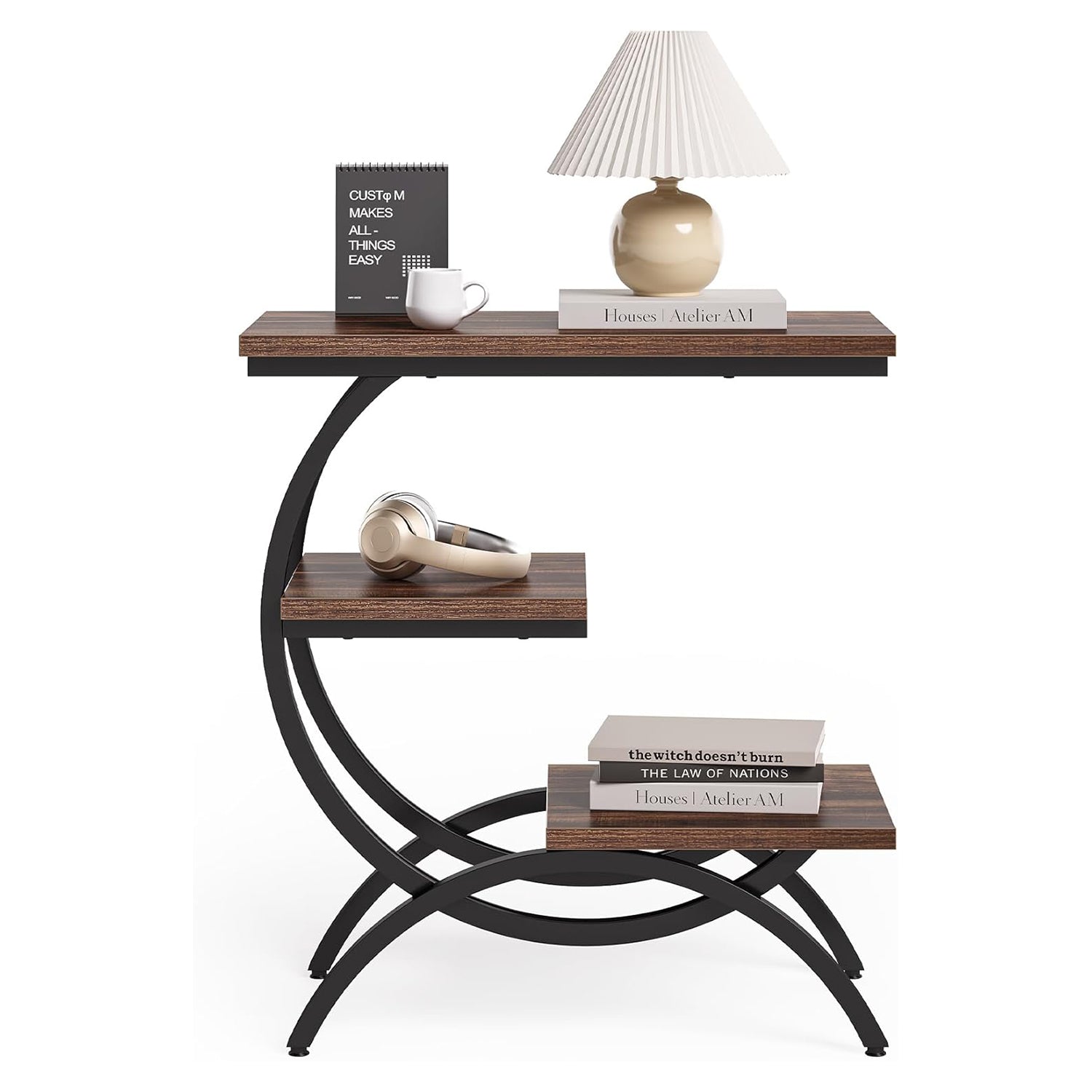 23.62" Industrial Brown Oak Side Table - Black Metal C-Frame & 3 Shelves