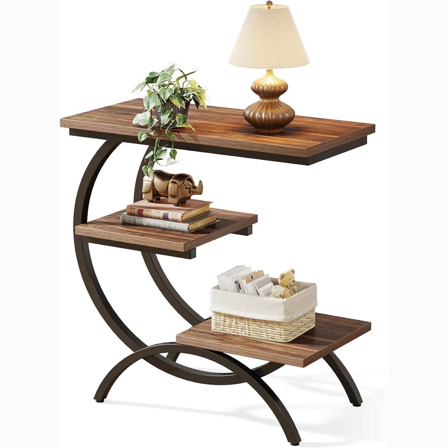 23.62" Industrial Brown Oak Side Table - Black Metal C-Frame & 3 Shelves