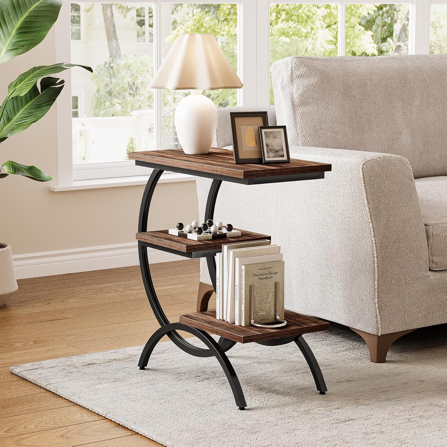23.62" Industrial Brown Oak Side Table - Black Metal C-Frame & 3 Shelves