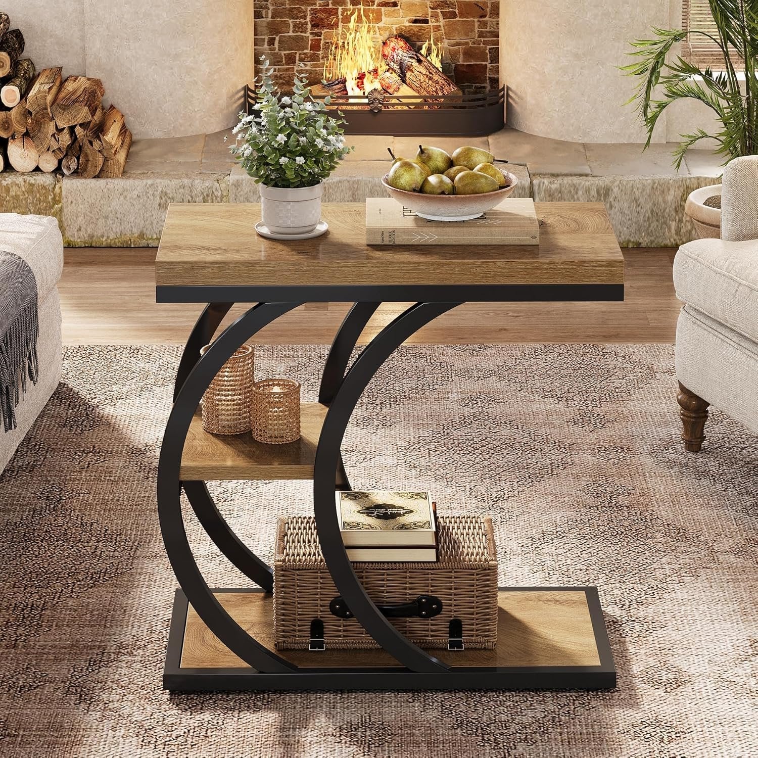 23.6" End Table, 3-Tier Couch C-Shaped Side Table with Storage