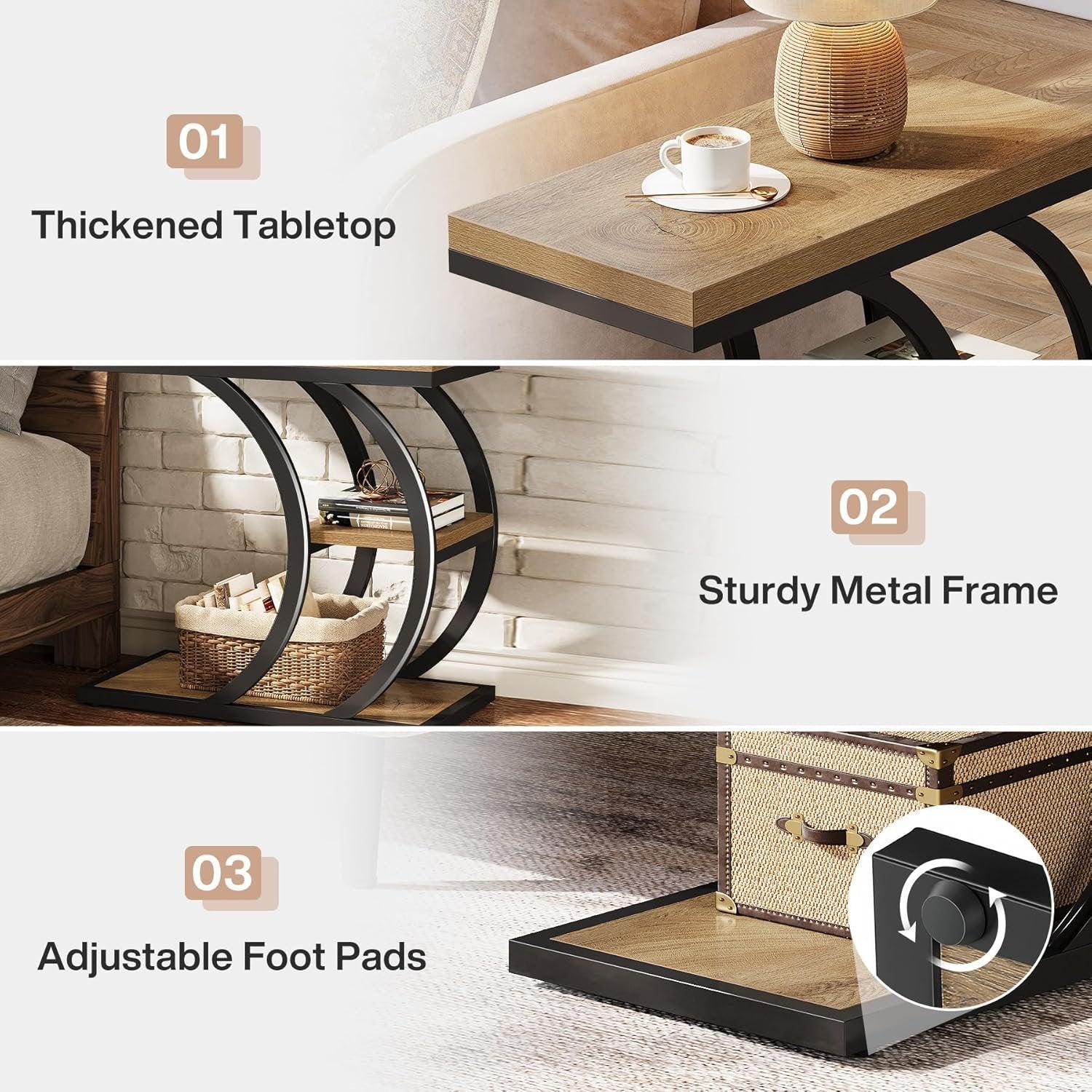 23.6" End Table, 3-Tier Couch C-Shaped Side Table with Storage