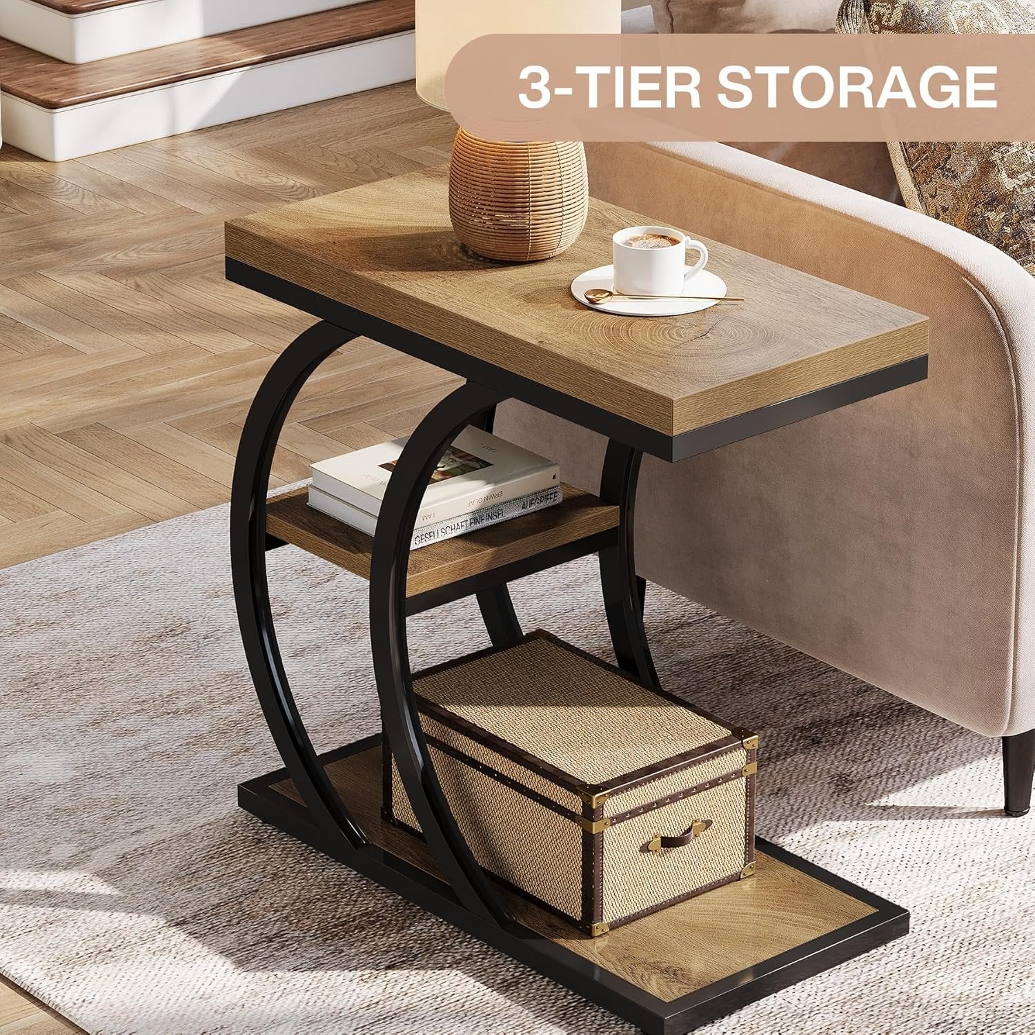 23.6" End Table, 3-Tier Couch C-Shaped Side Table with Storage