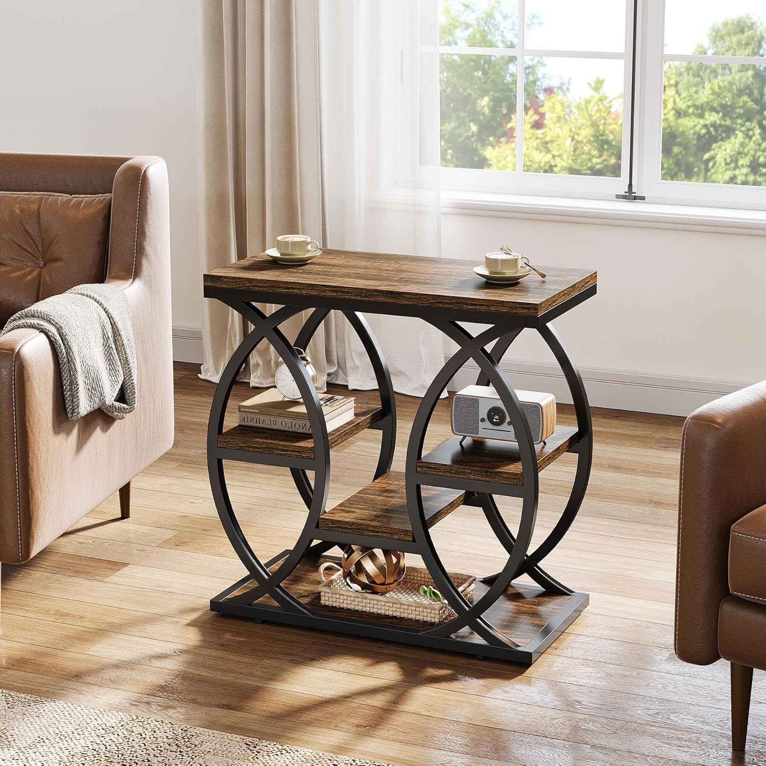 23.6" Rustic 4-Shelf End Table - Narrow Storage Side Table for Bedroom & Living Room