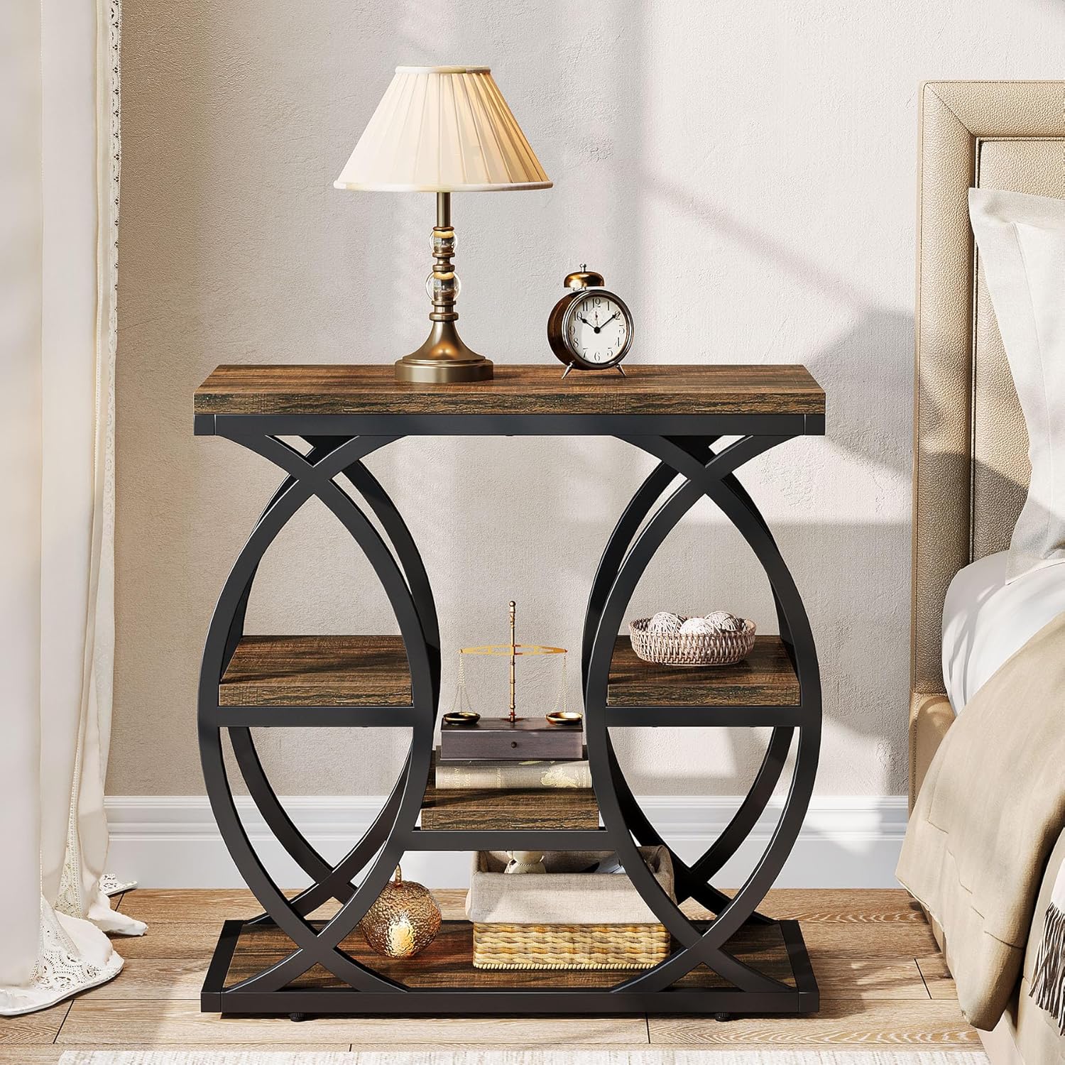 23.6" Rustic 4-Shelf End Table - Narrow Storage Side Table for Bedroom & Living Room