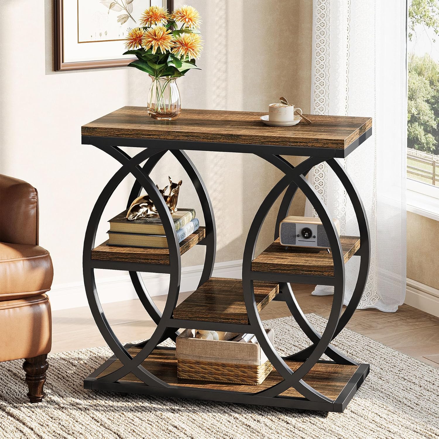 23.6" Rustic 4-Shelf End Table - Narrow Storage Side Table for Bedroom & Living Room